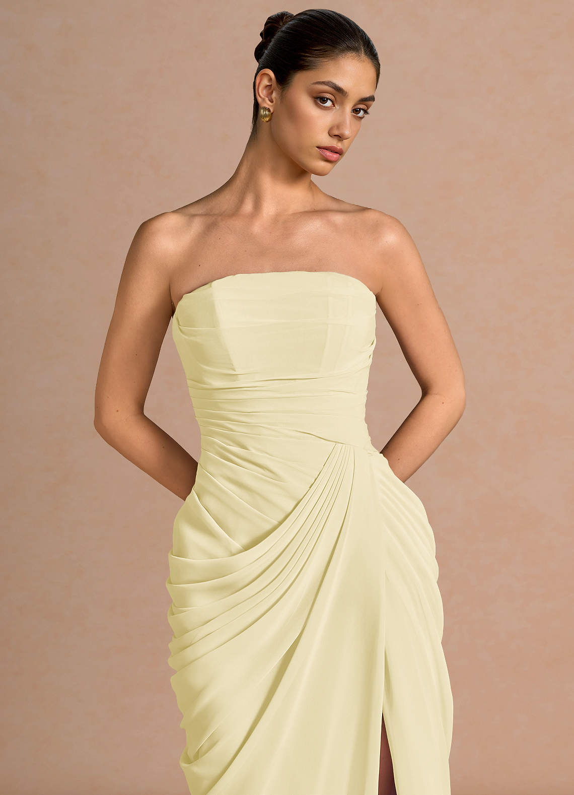 Kaavia Column Pleated Chiffon Midi Evening Dress in Butter Yellow