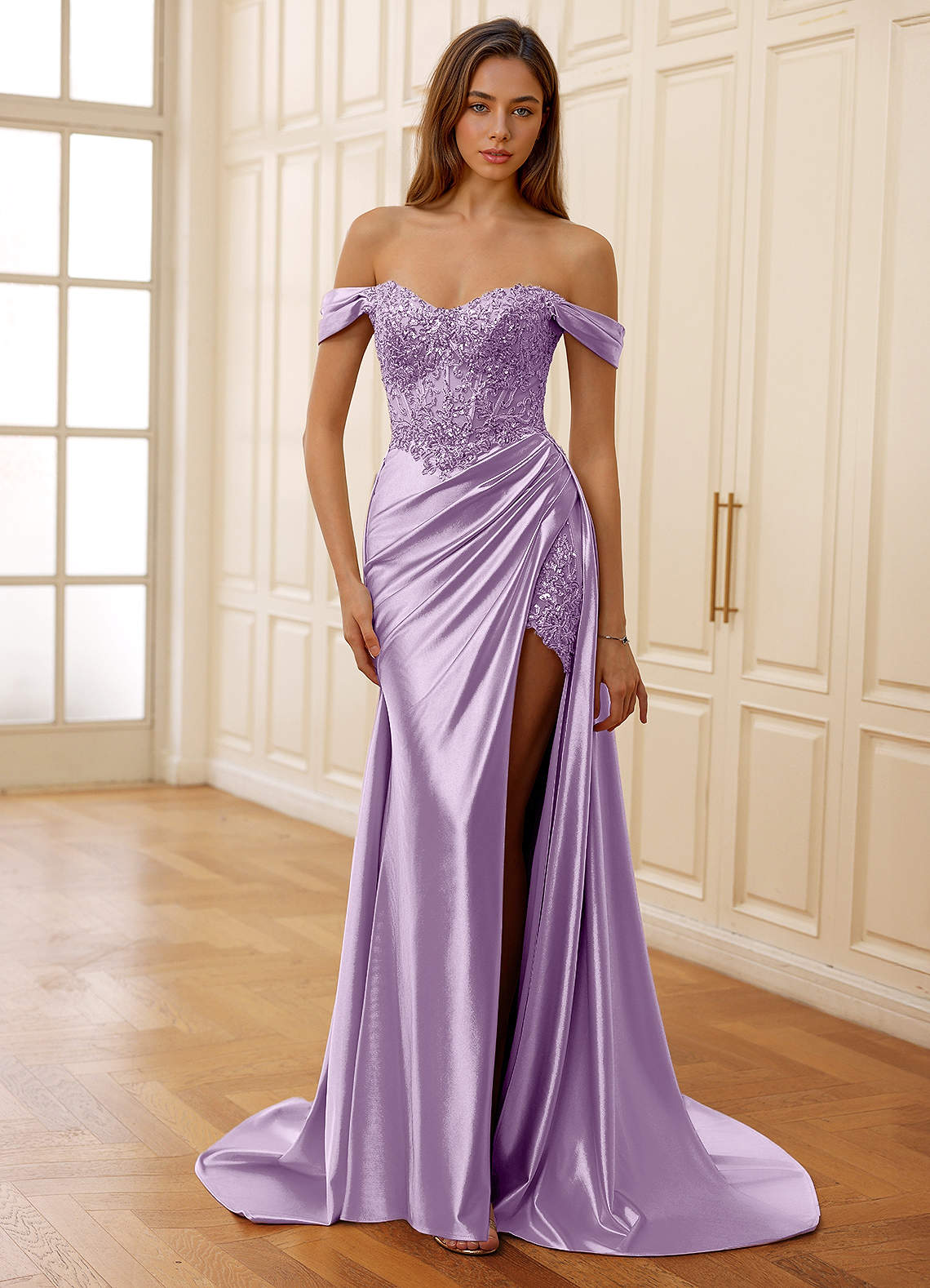 Rowane A-Line Off-the-Shoulder Satin Evening Dress in Lilac
