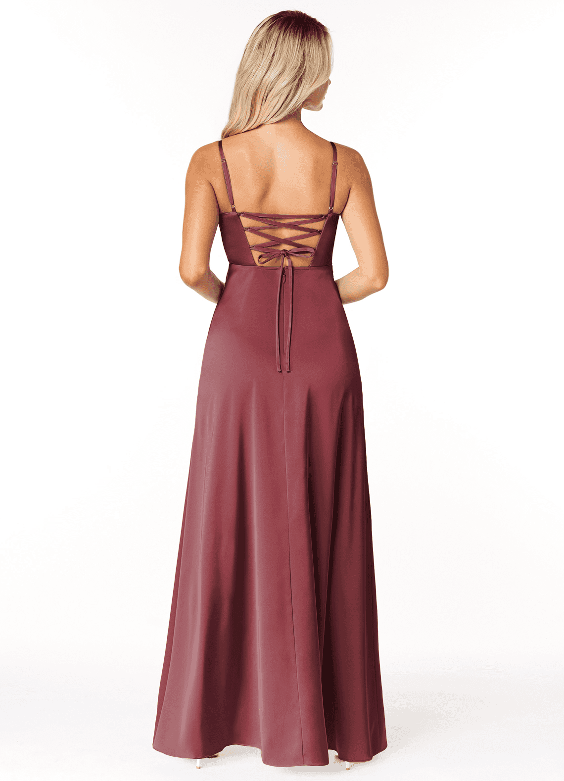 Marchella A-Line V-Neck Stretch Satin Bridesmaid Dress in Merlot