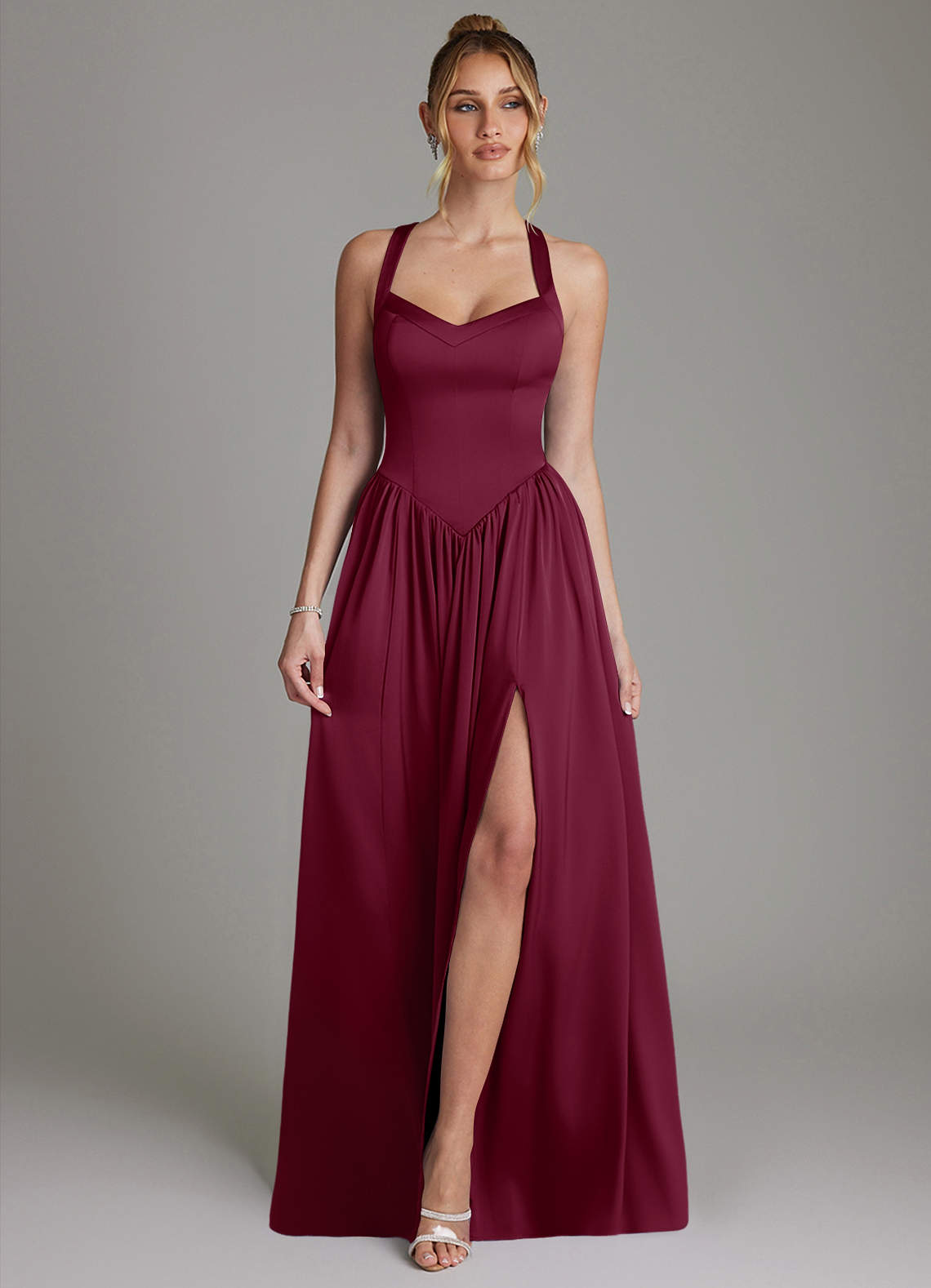 Francis A-Line V-Neck Stretch Satin Bridesmaid Dress in Mulberry