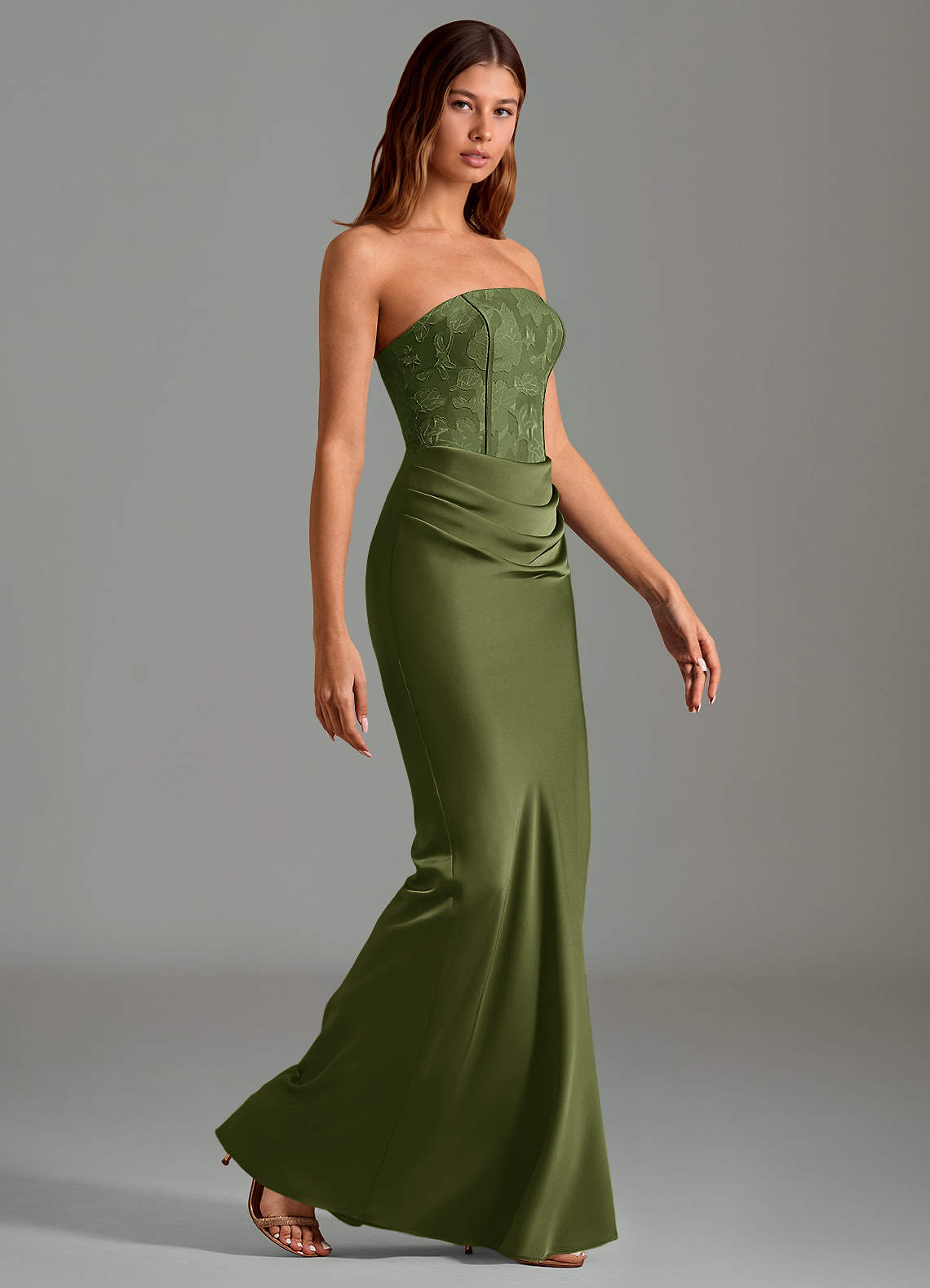 Emilia Mermaid Strapless Stretch Satin and Floral Burnout Bridesmaid Dress in Olive