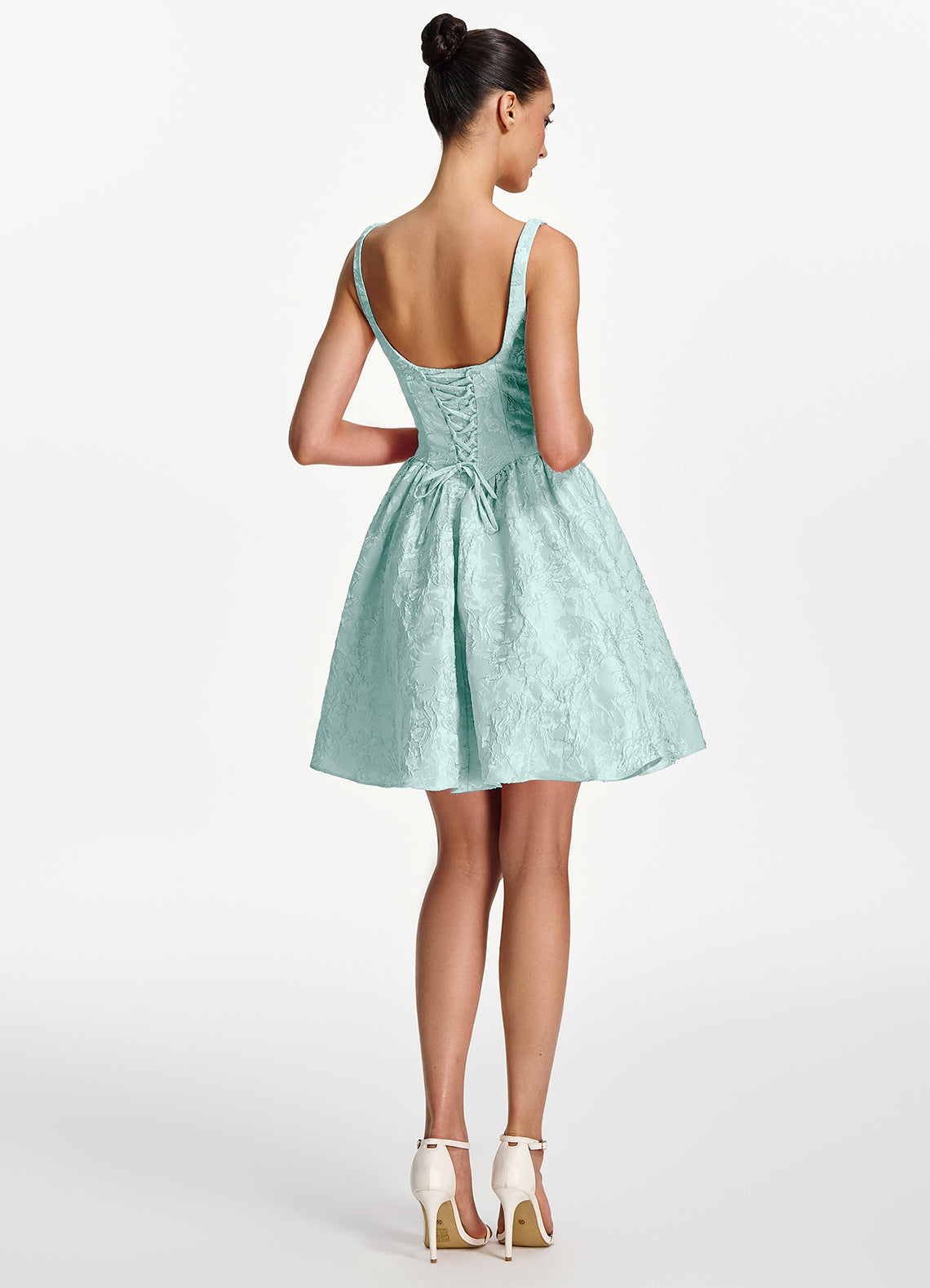 Lionelle Skater Mini Square-Neck Jacquard Prom Dress in Mint Green - photo 6