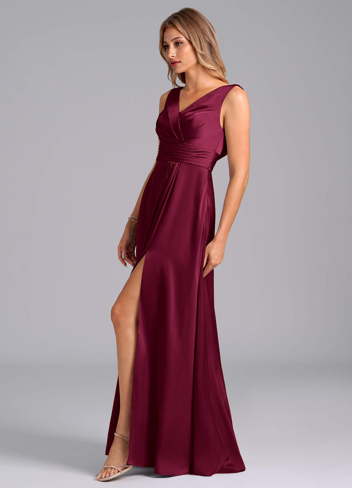 Karina A-Line V-Neck Stretch Satin Bridesmaid Dress in Burgundy