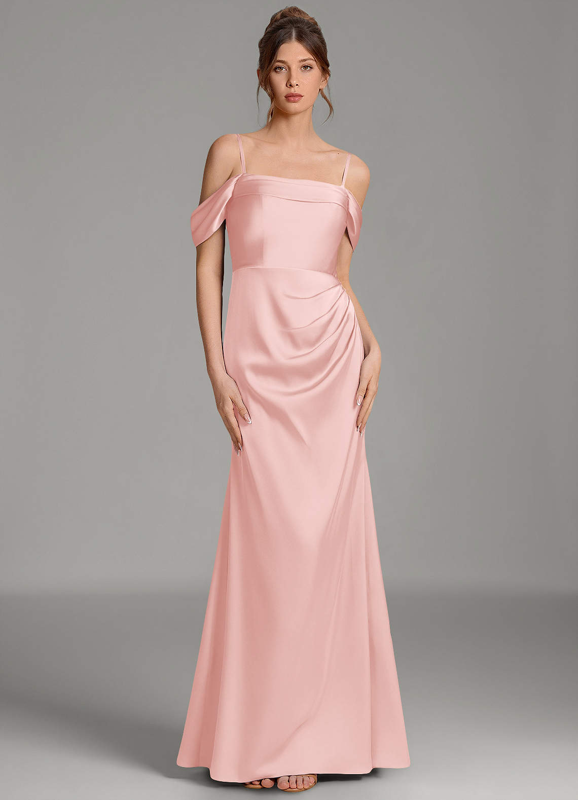Wyatt Mermaid Off-the-Shoulder Stretch Satin Bridesmaid Dress in Powder Pink