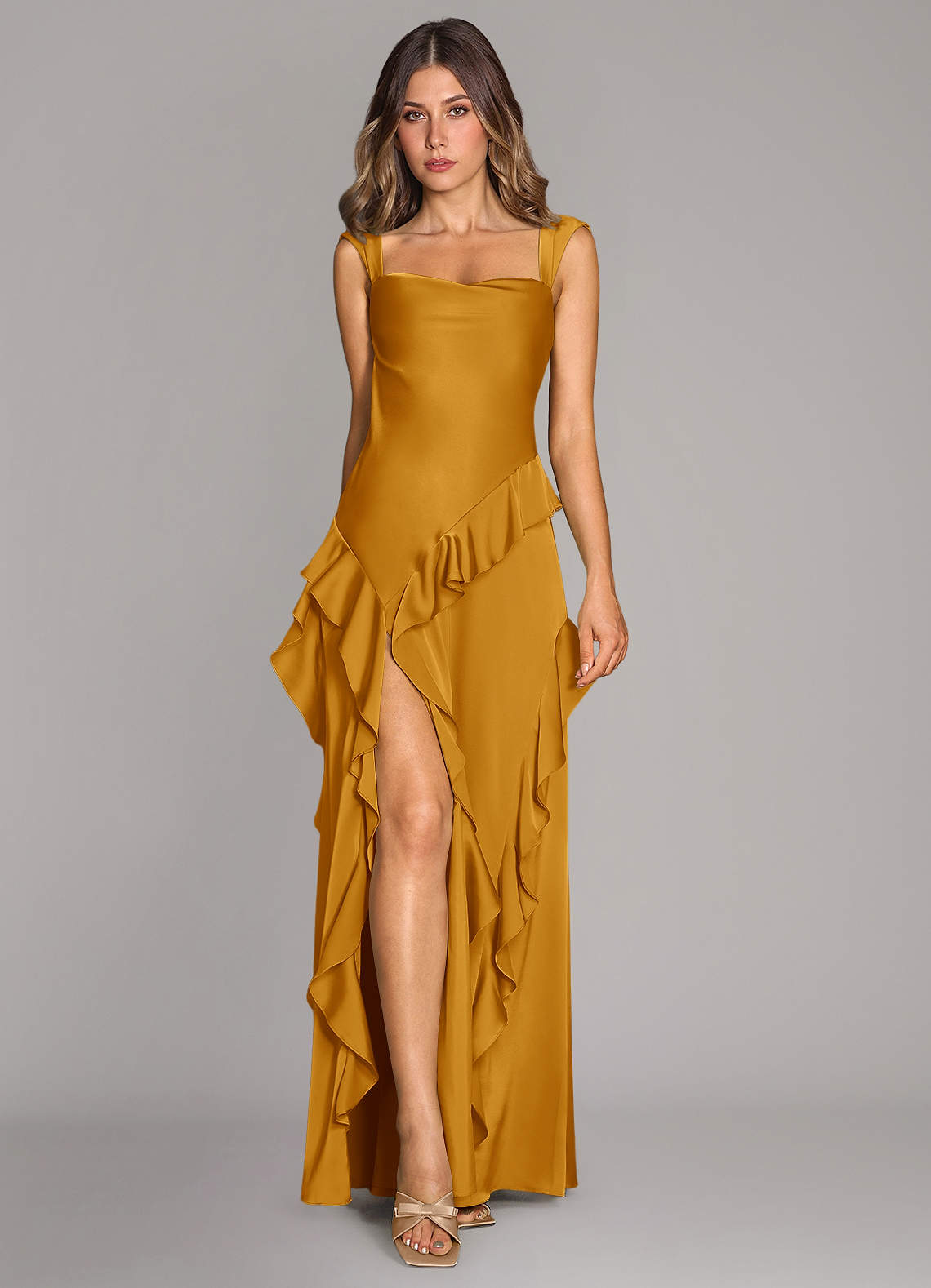 Sloane A-Line Sweetheart Stretch Satin Bridesmaid Dress in butterscotch