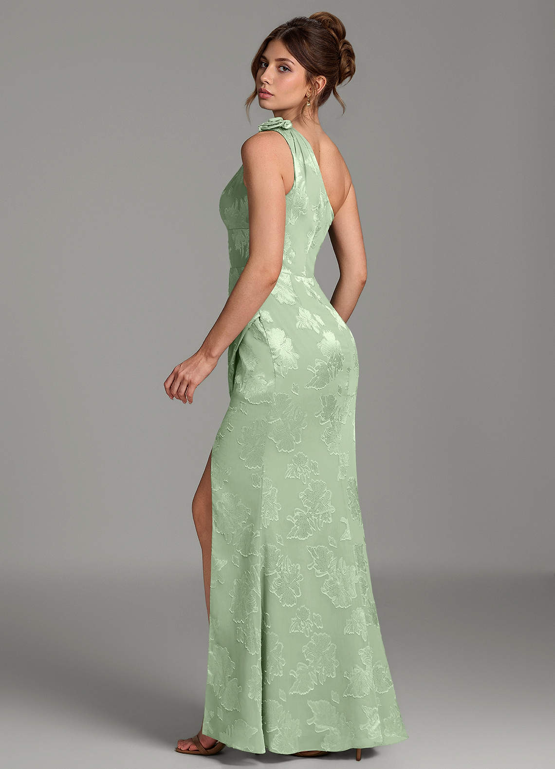 Yanie Mermaid One-Shoulder Jacquard Bridesmaid Dress in Dusty Sage