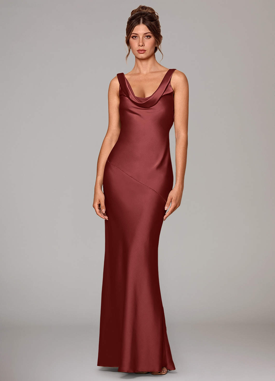 Rylina Mermaid Cowl-Neck Stretch Satin Bridesmaid Dress in Terracotta