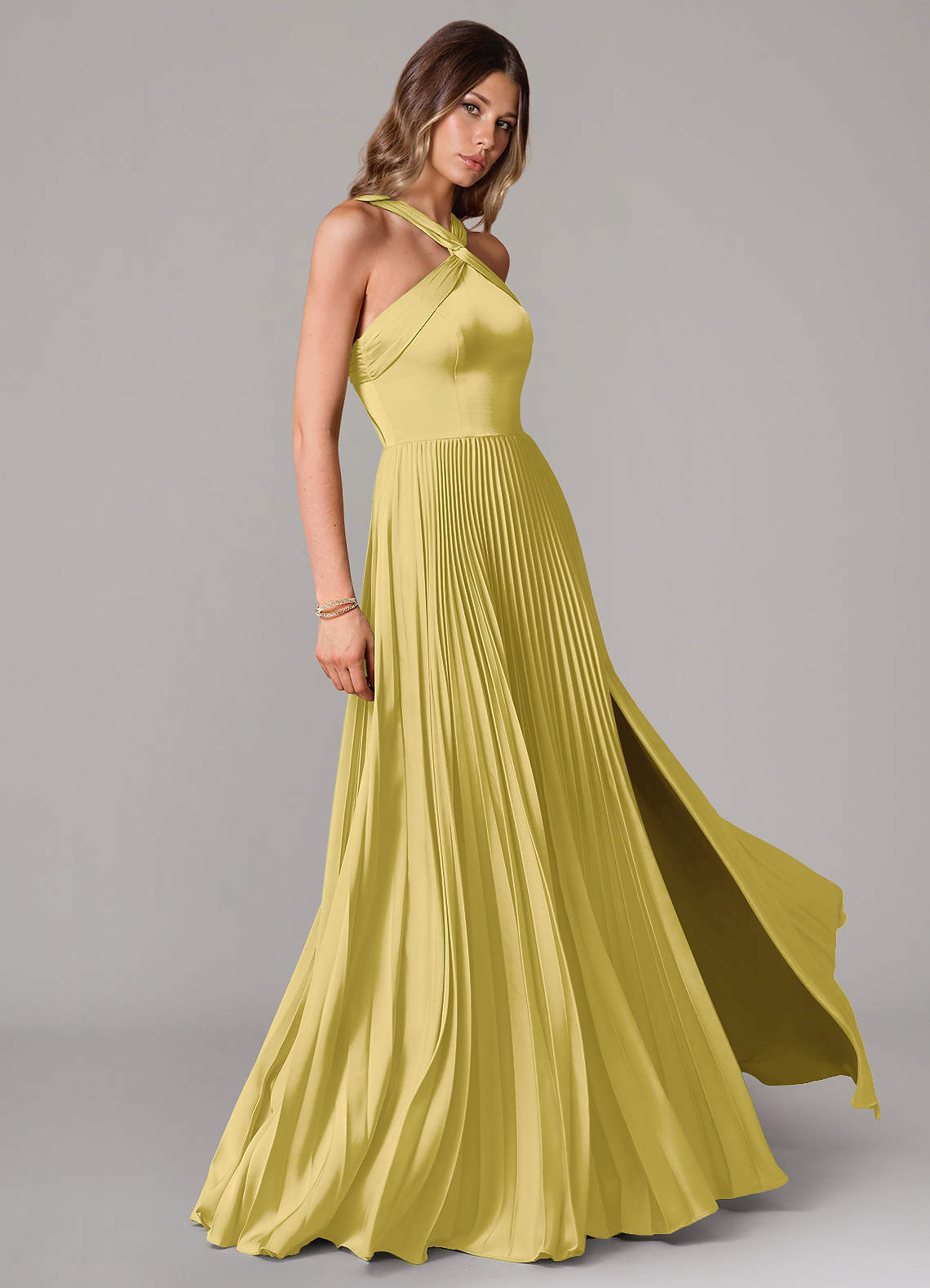 Afra A-Line Halter-Neck Stretch Satin Bridesmaid Dress in Canary