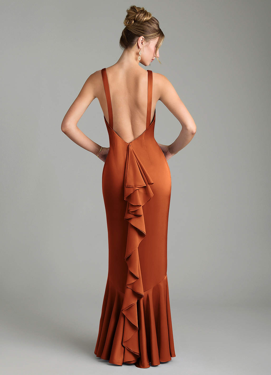 Tamera Mermaid Boat-Neck Stretch Satin and Chiffon Bridesmaid Dress in Cinnamon