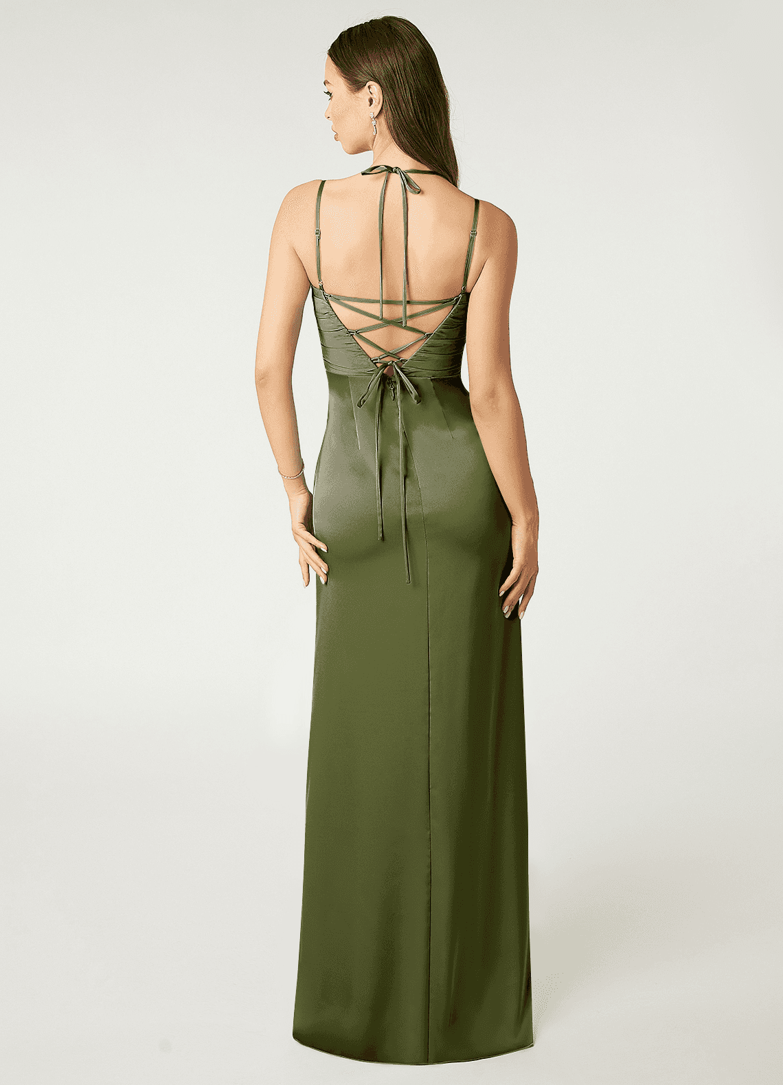 Desi Sheath Halter Stretch Satin Bridesmaid Dress in Olive