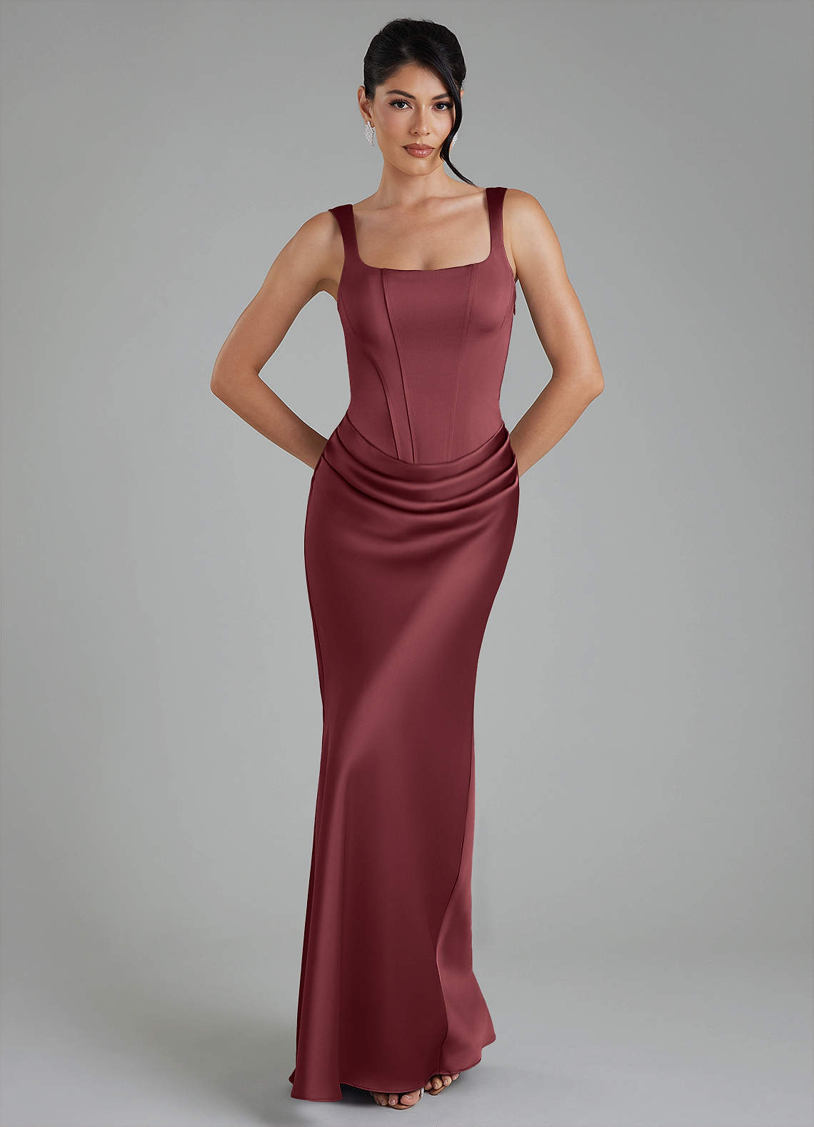 Etta Mermaid Square-Neck Stretch Satin Bridesmaid Dress in Merlot