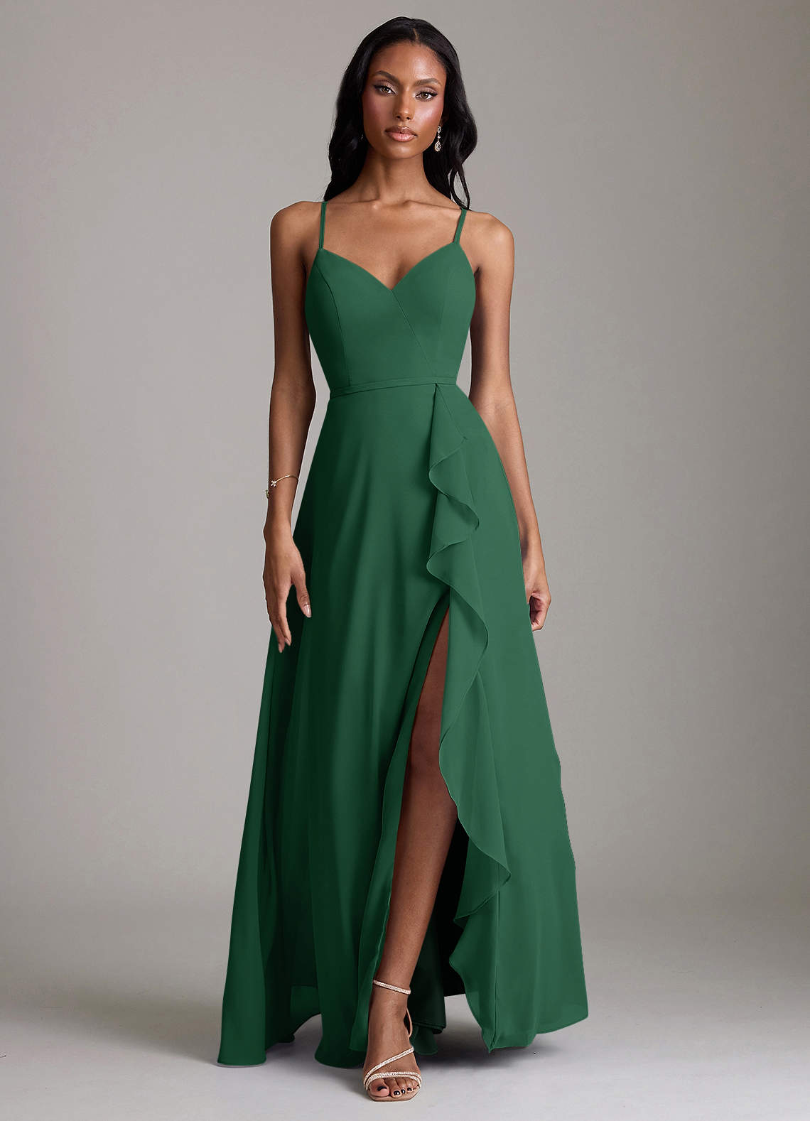 Naeem A-Line V-Neck Chiffon Bridesmaid Dress in Dark Green
