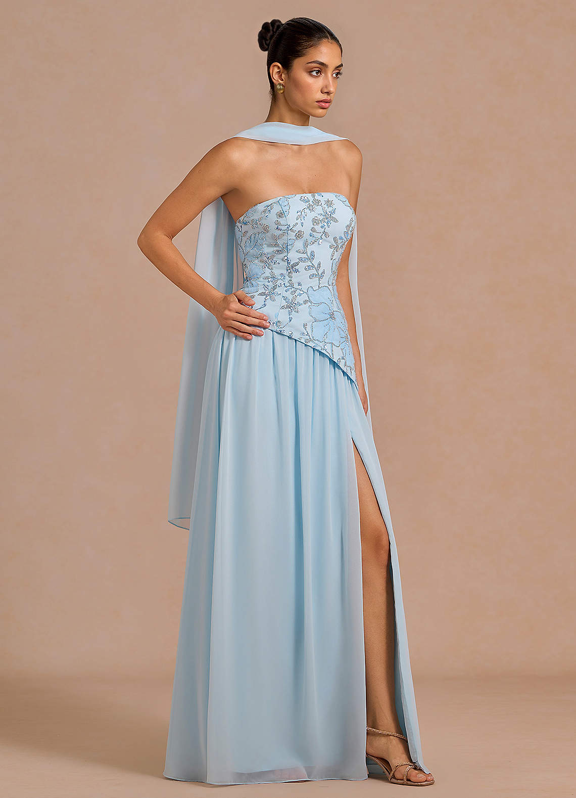 Galatea Sky Blue A-Line Floral Chiffon Evening Dress in Sky Blue