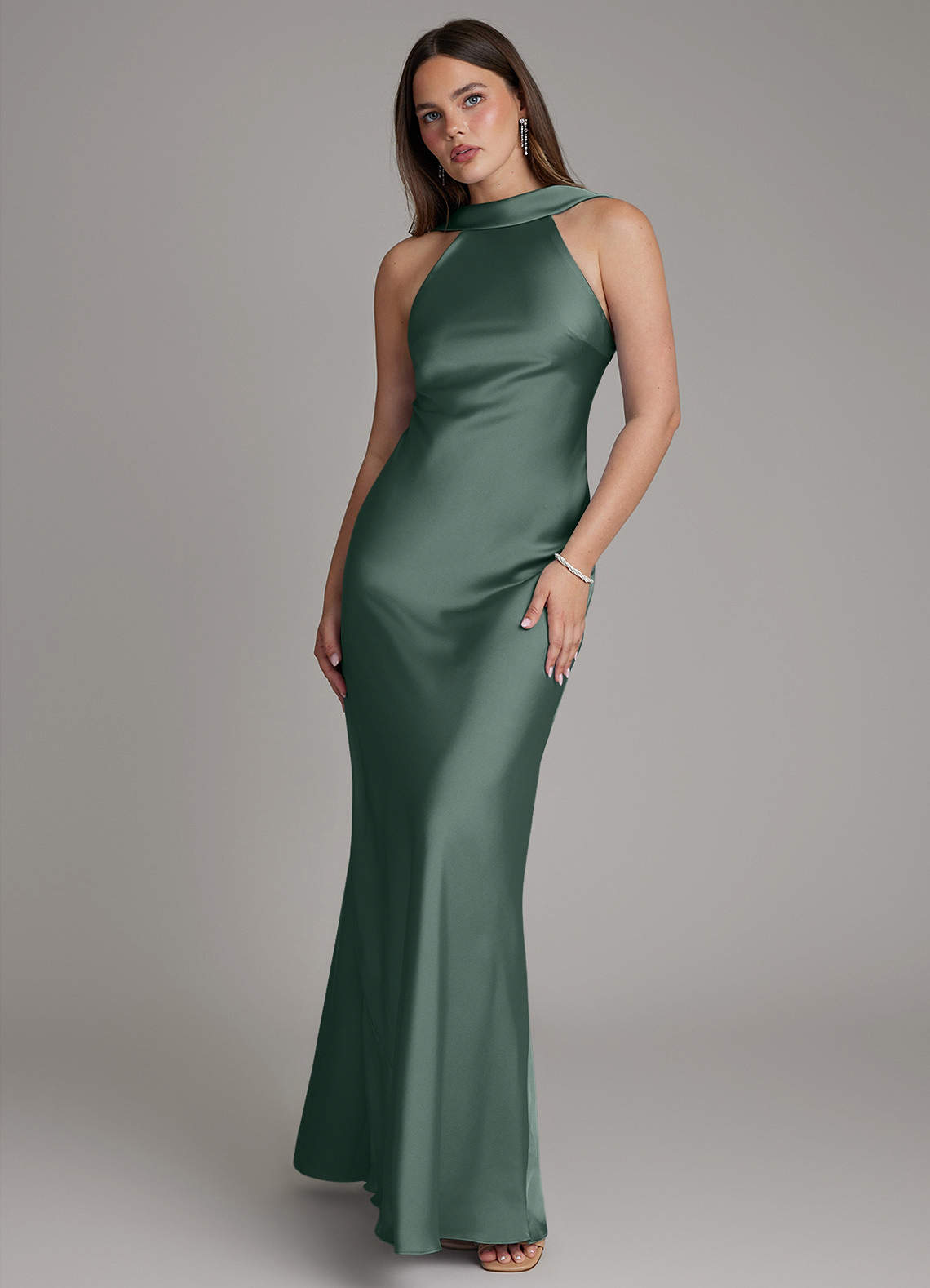 Dimitra Sheath Halter Stretch Satin Bridesmaid Dress in Sea Moss