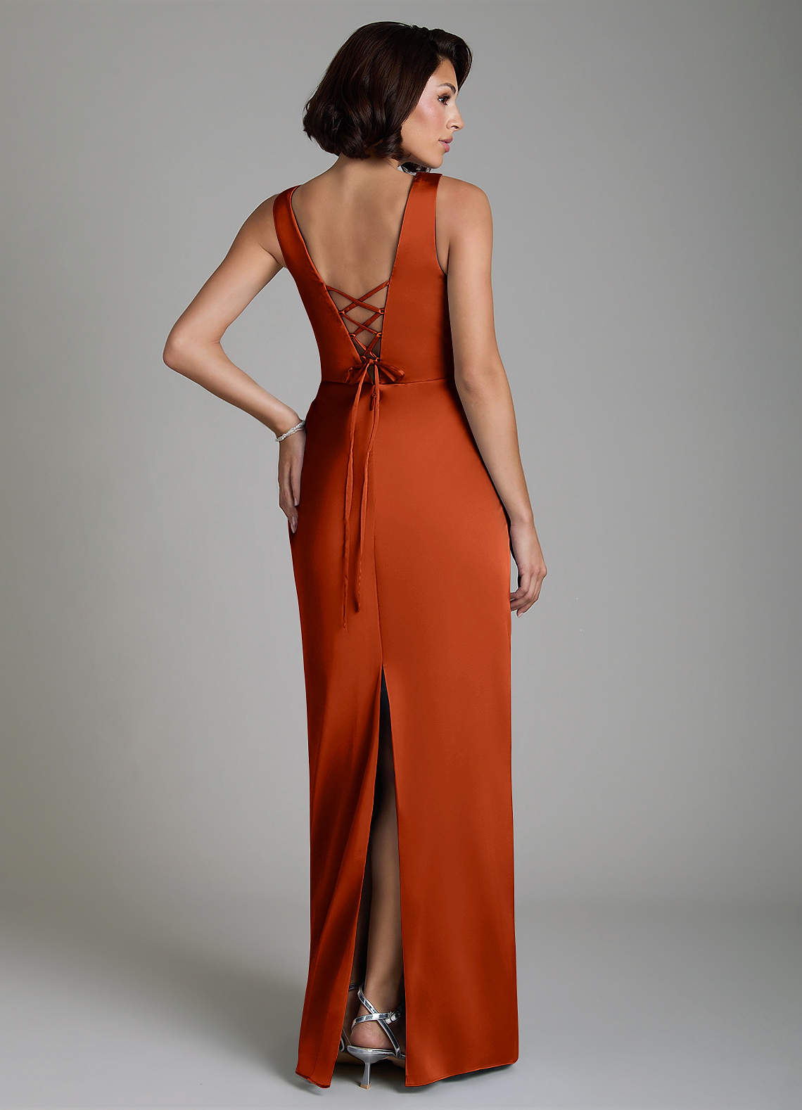 Vanya Sheath V-Neck Stretch Satin Bridesmaid Dress in Paprika