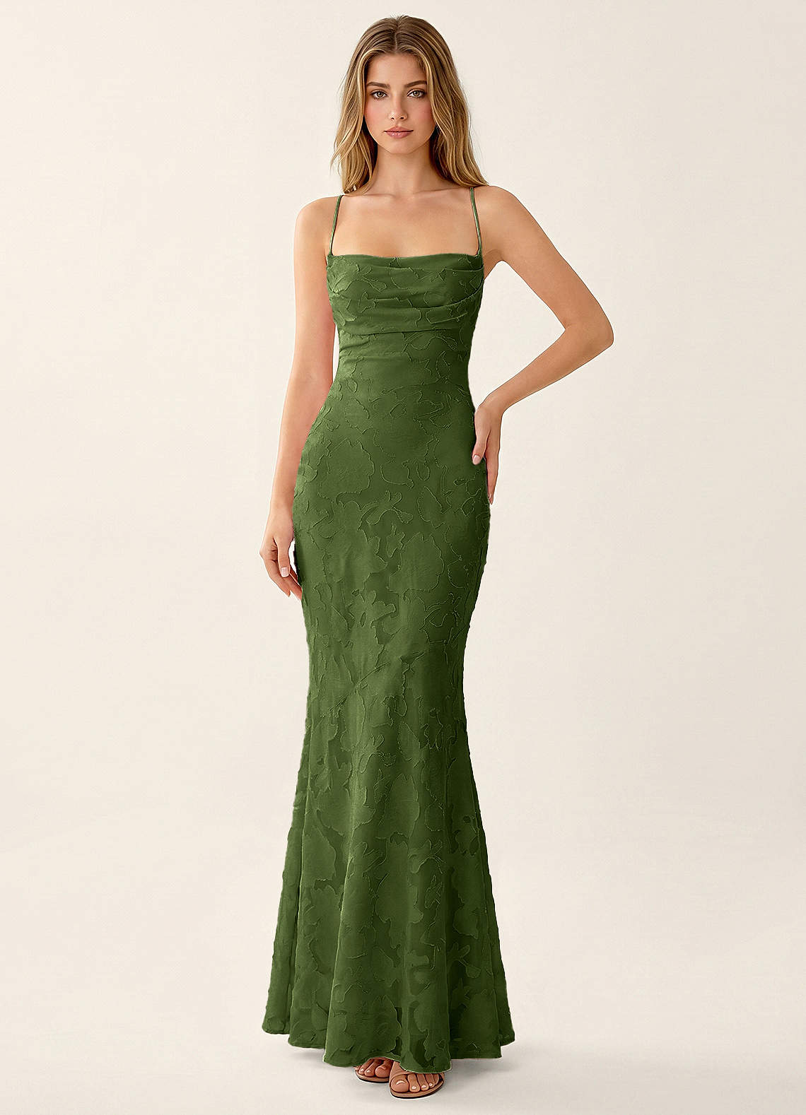 Natasha Mermaid Spaghetti-Strap Floral Burnout Evening Dress in Olive