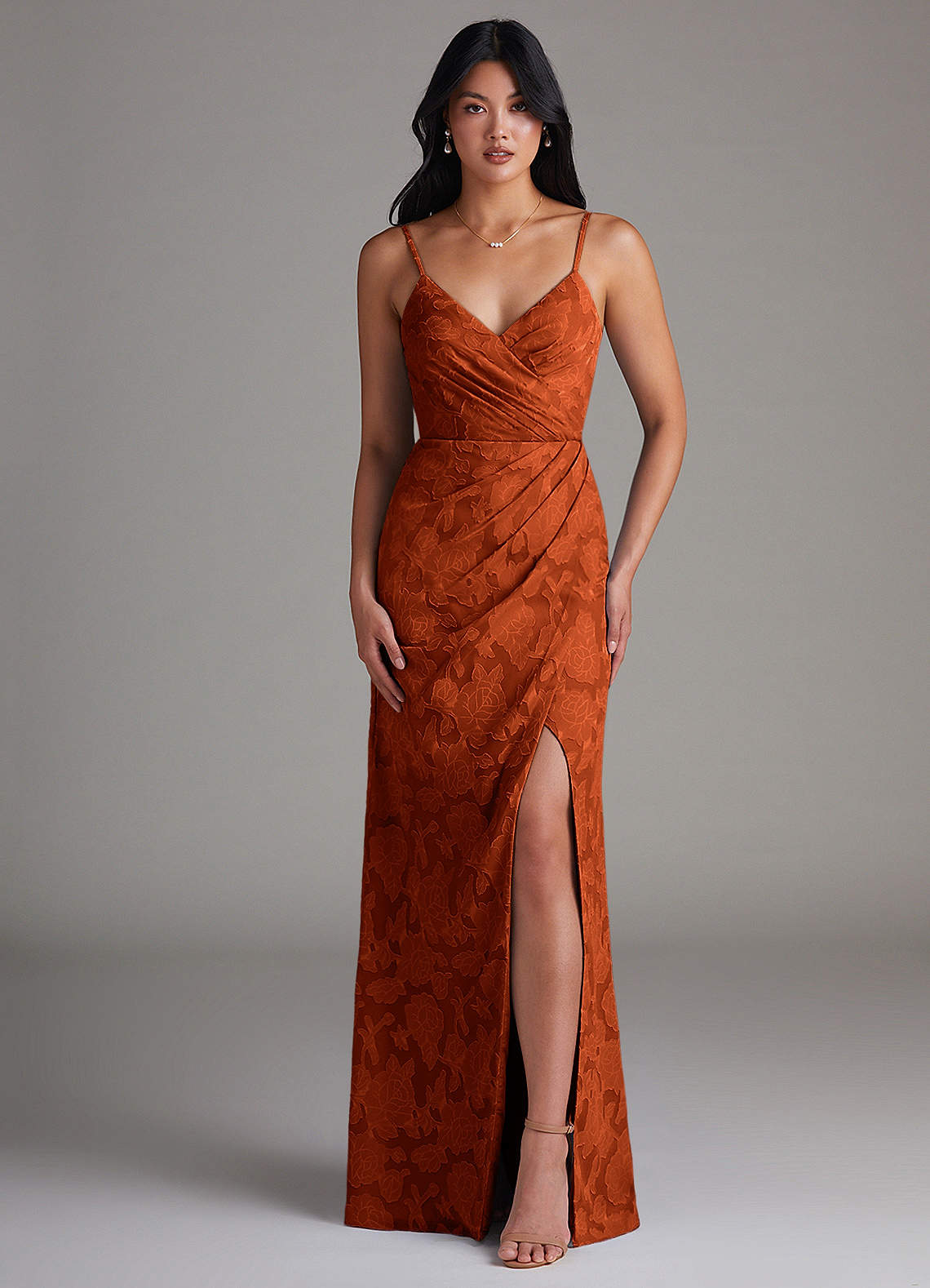 Maci Sheath V-Neck Floral Burnout Bridesmaid Dress in Paprika