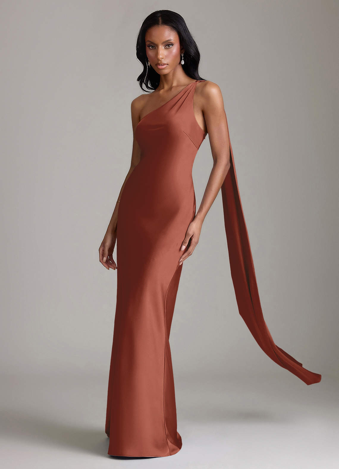 Juniper Mermaid One-Shoulder Stretch Satin Bridesmaid Dress in Auburn