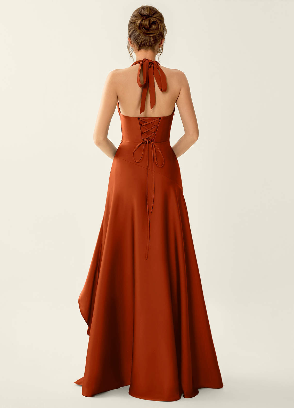 Titania Halter Asymmetric-Ruffle Satin Evening Dress in Rust
