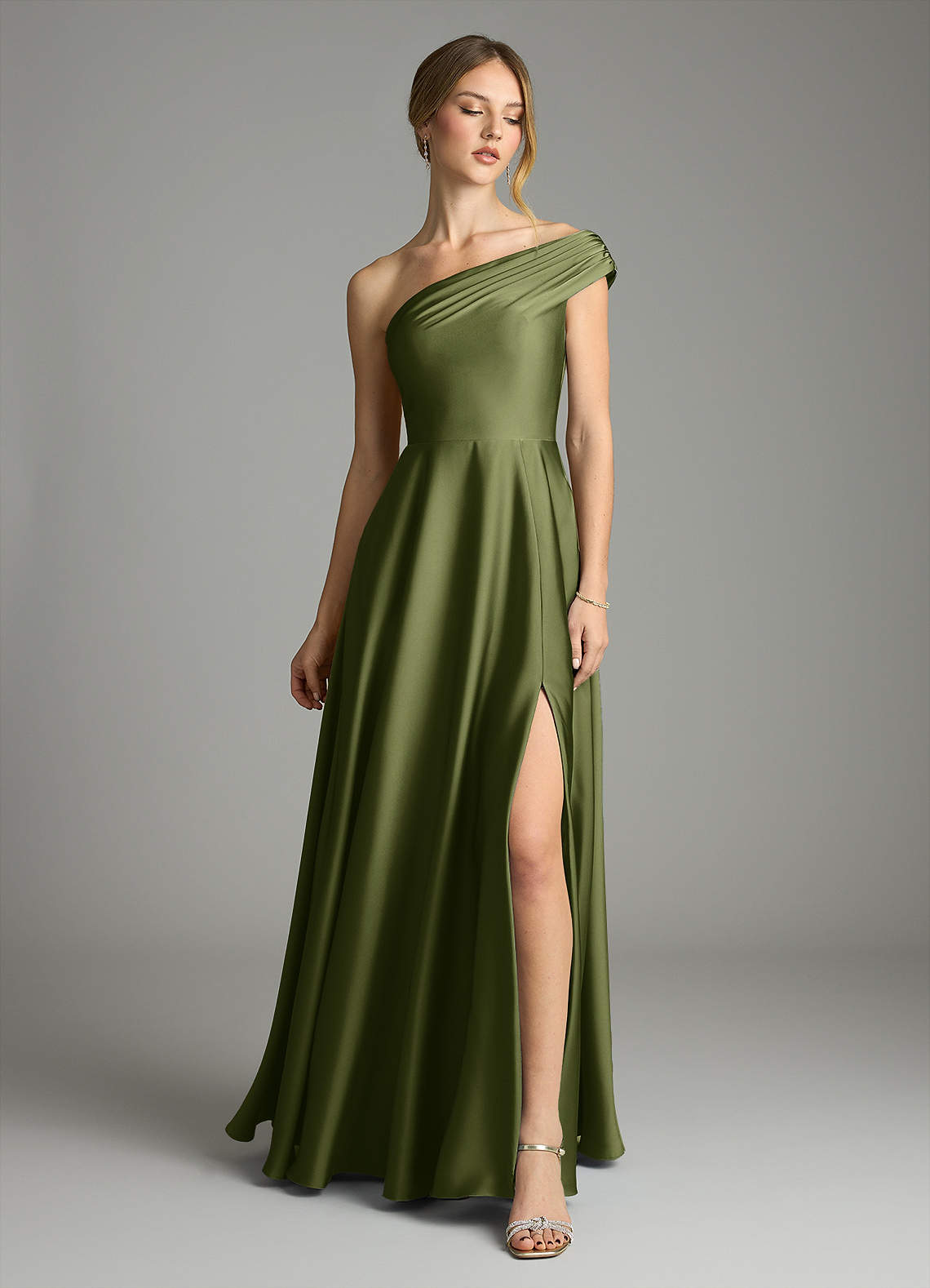 Melanie A-Line One-Shoulder Stretch Satin Bridesmaid Dress in Olive