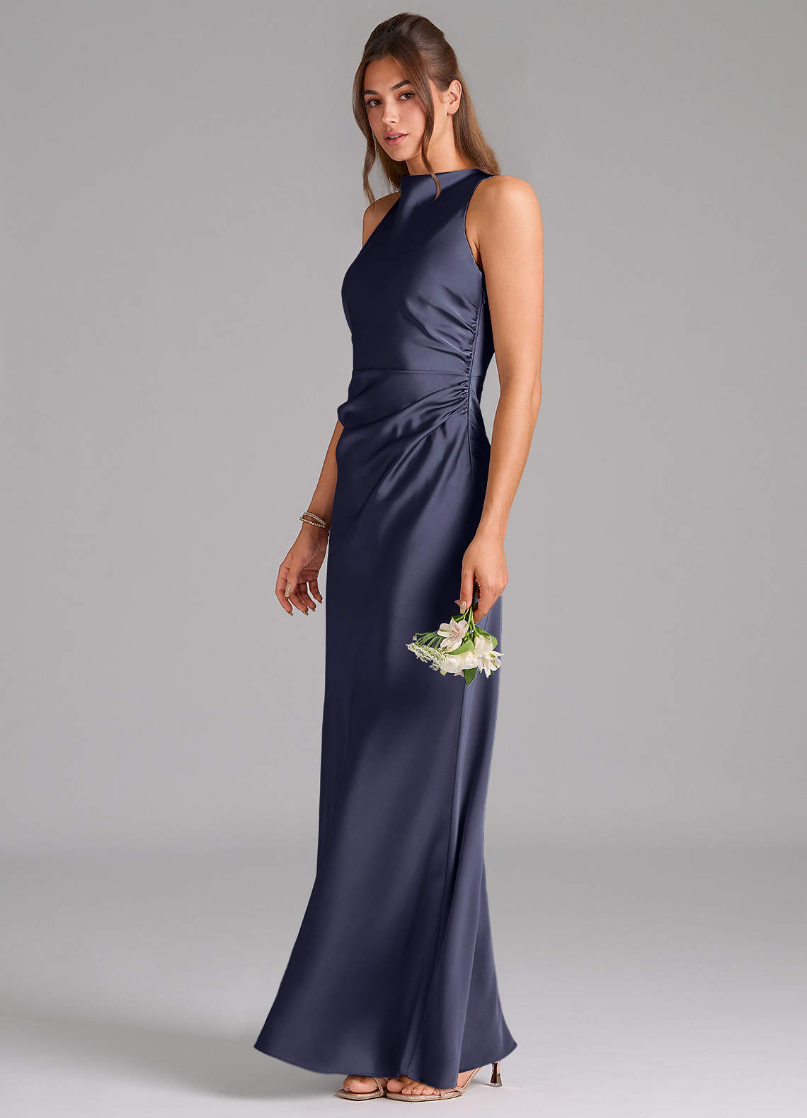 Evadne Sheath Scoop-Neck Stretch Satin Bridesmaid Dress in Stormy