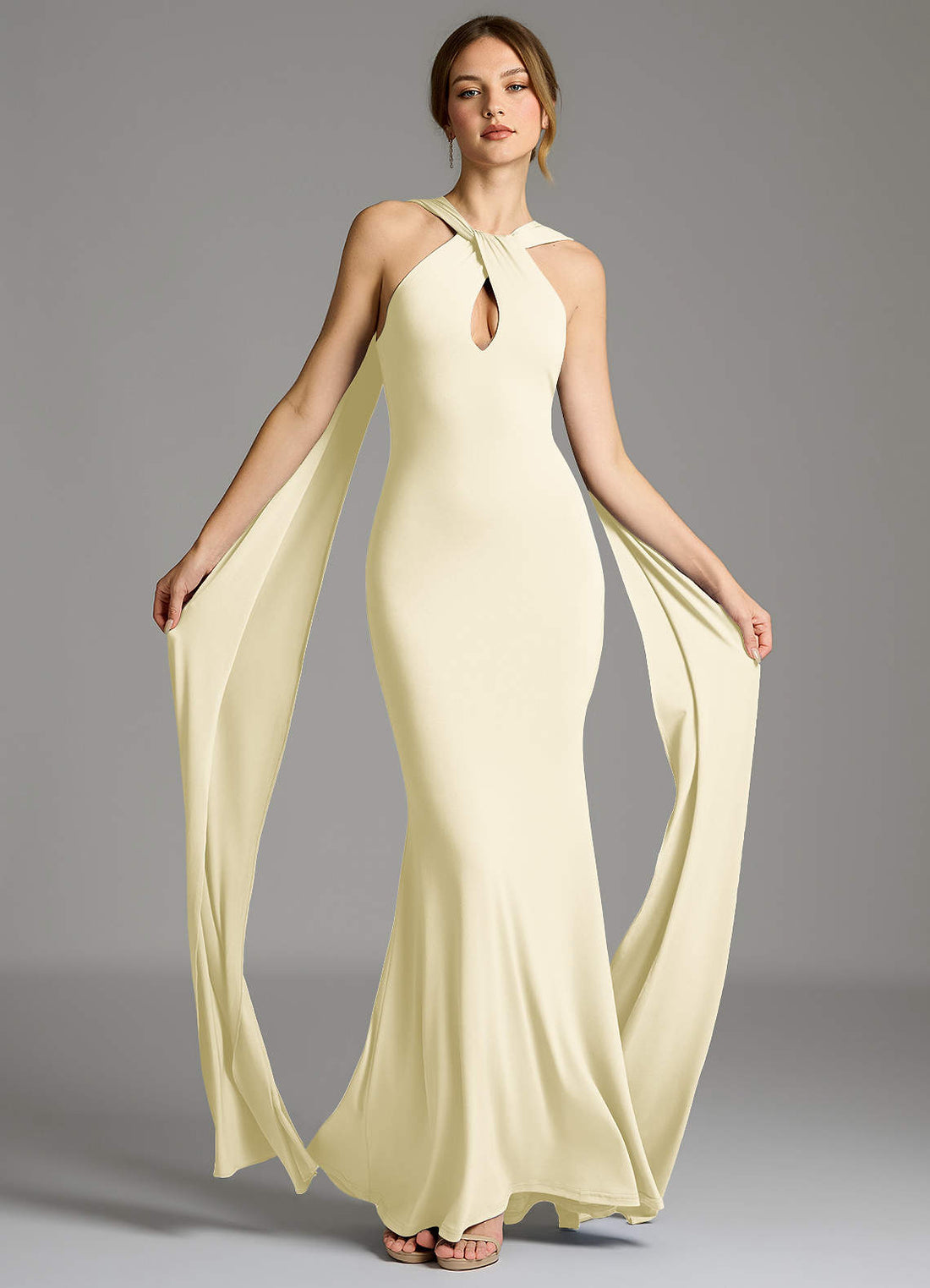 Sable Mermaid High-Neck Stretch Jersey Bridesmaid Dress in Lemon Sorbet