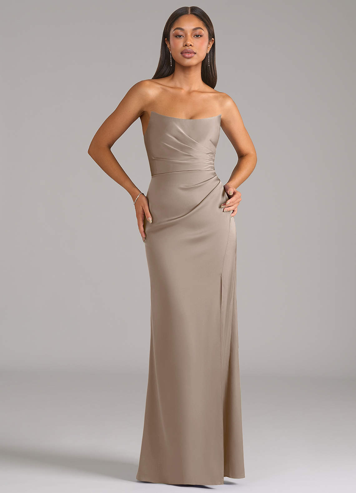 Marla Sheath Strapless Stretch Satin Bridesmaid Dress in Taupe