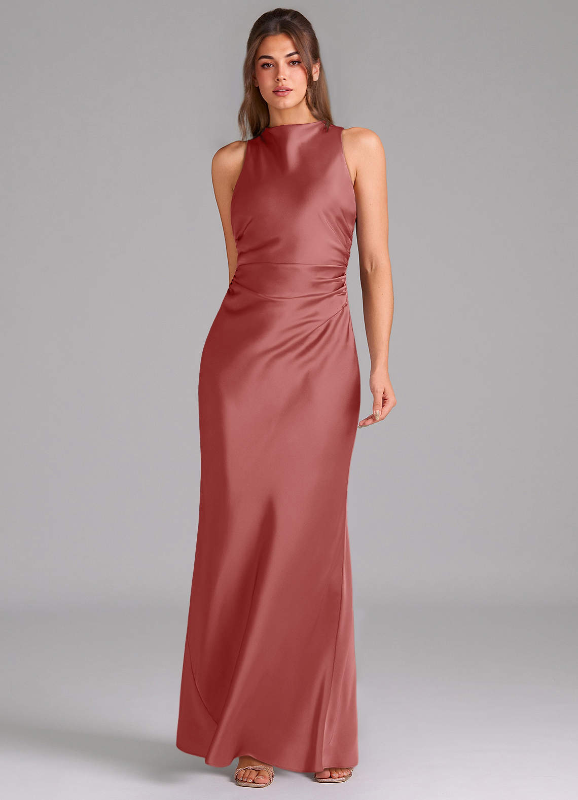 Evadne Sheath Scoop-Neck Stretch Satin Bridesmaid Dress in Antique Rose