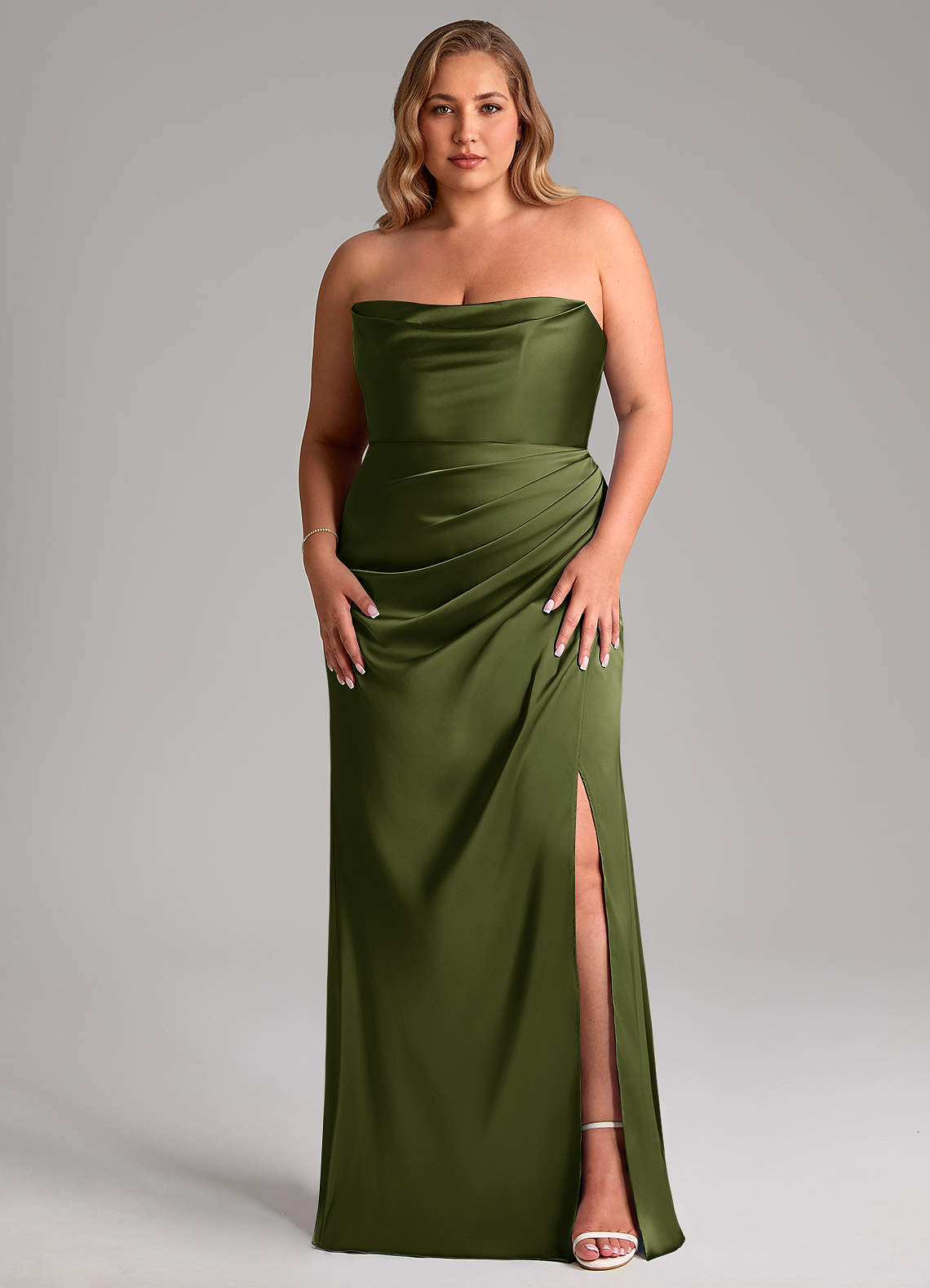 Leonis Mermaid Cowl-Neck Stretch Satin Bridesmaid Dress in Olive
