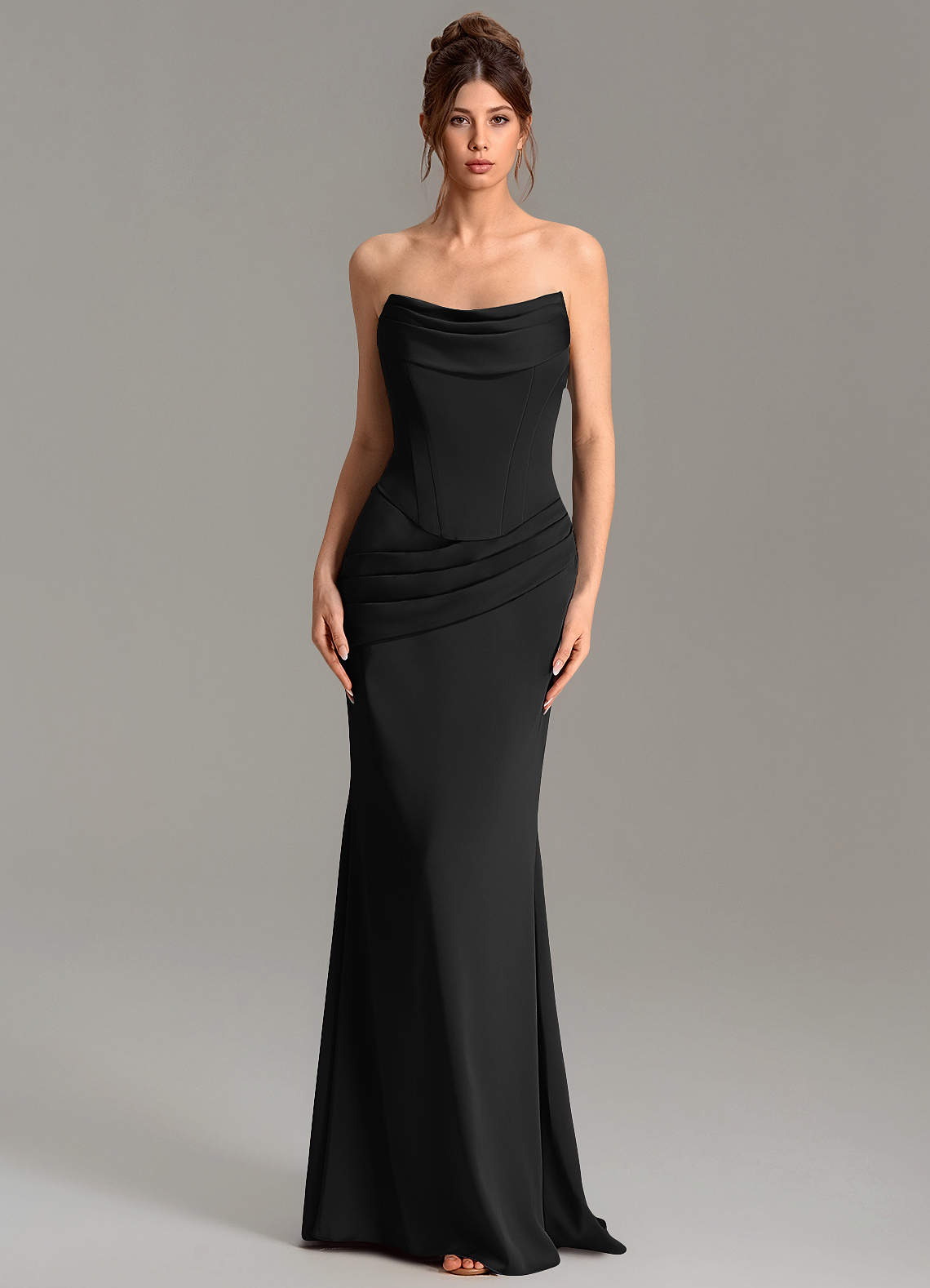 Adrienne Mermaid Cowl-Neck Stretch Satin Bridesmaid Dress in black