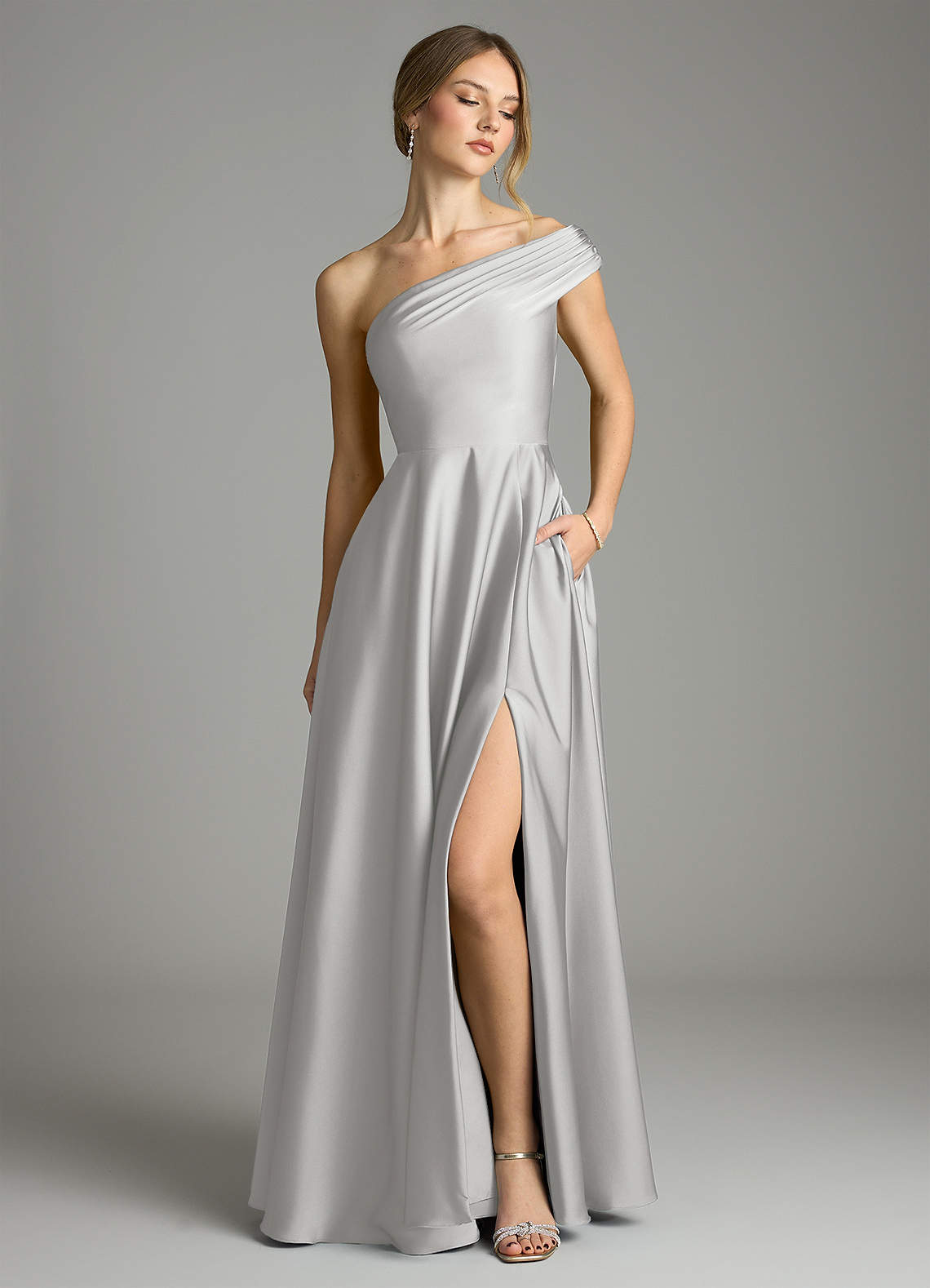 Melanie A-Line One-Shoulder Stretch Satin Bridesmaid Dress in Silver