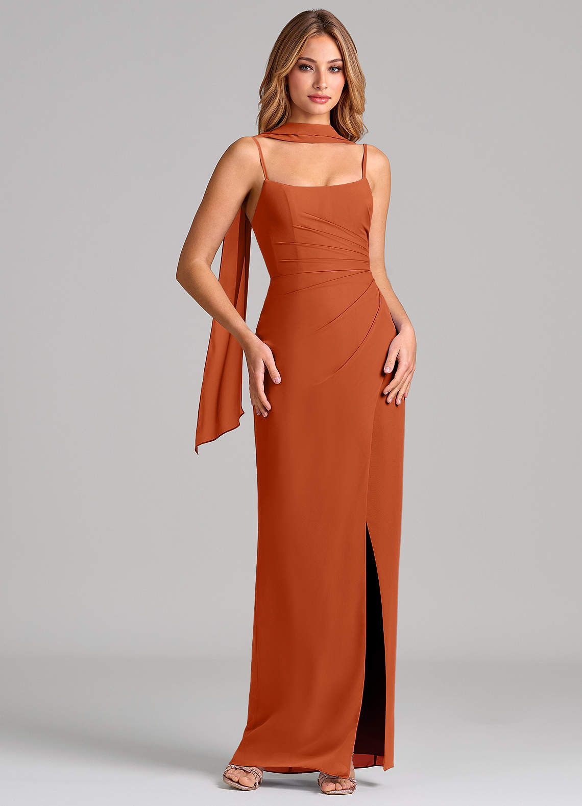 Calandra Sheath Scoop-Neck Chiffon Bridesmaid Dress in Burnt Orange