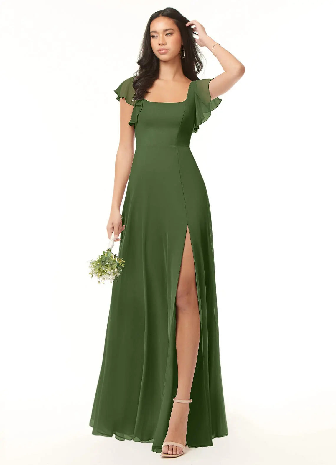 Bondi A-Line Square-Neck Chiffon Bridesmaid Dress in Olive