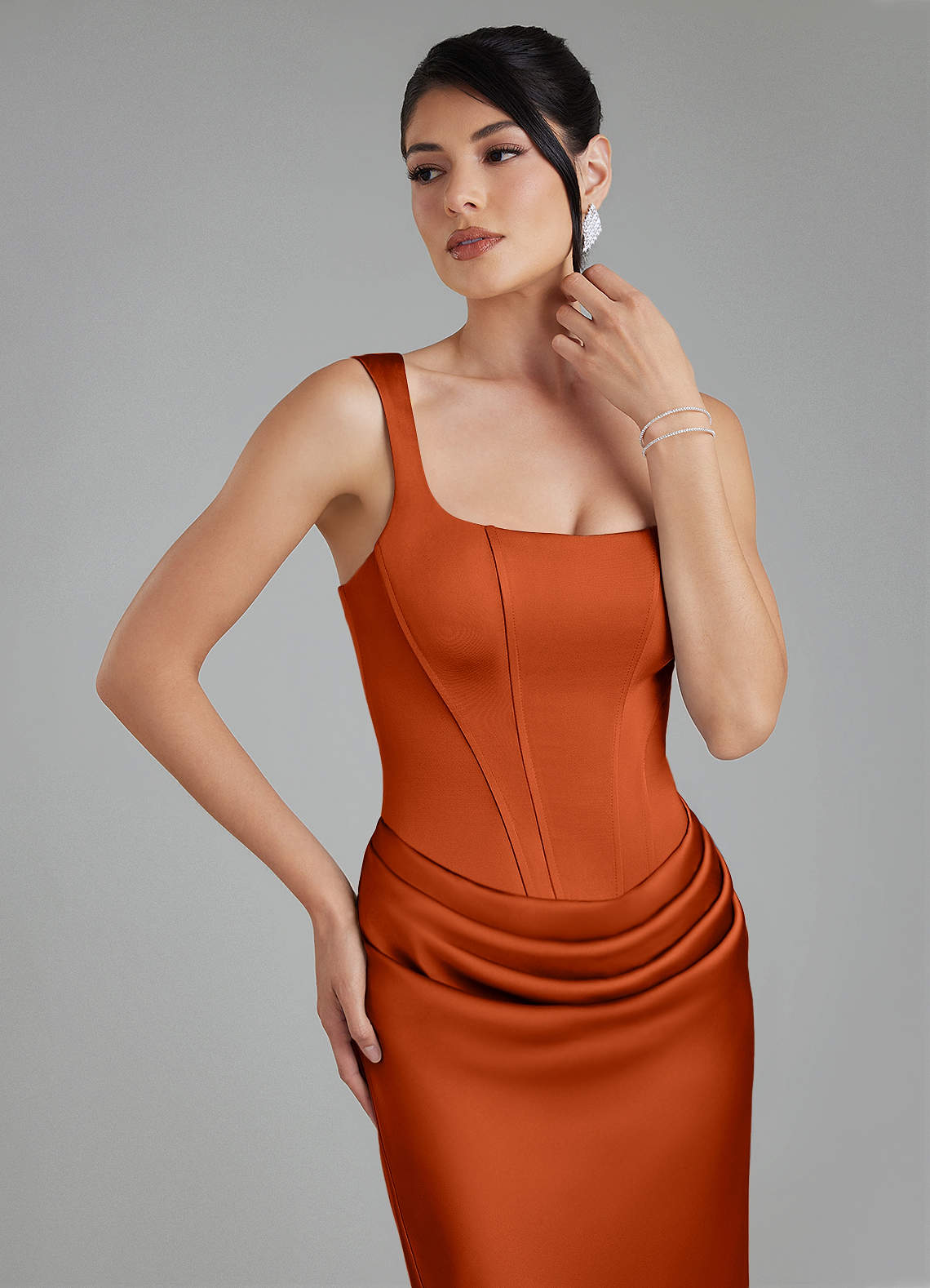 Etta Mermaid Square-Neck Stretch Satin Bridesmaid Dress in Paprika