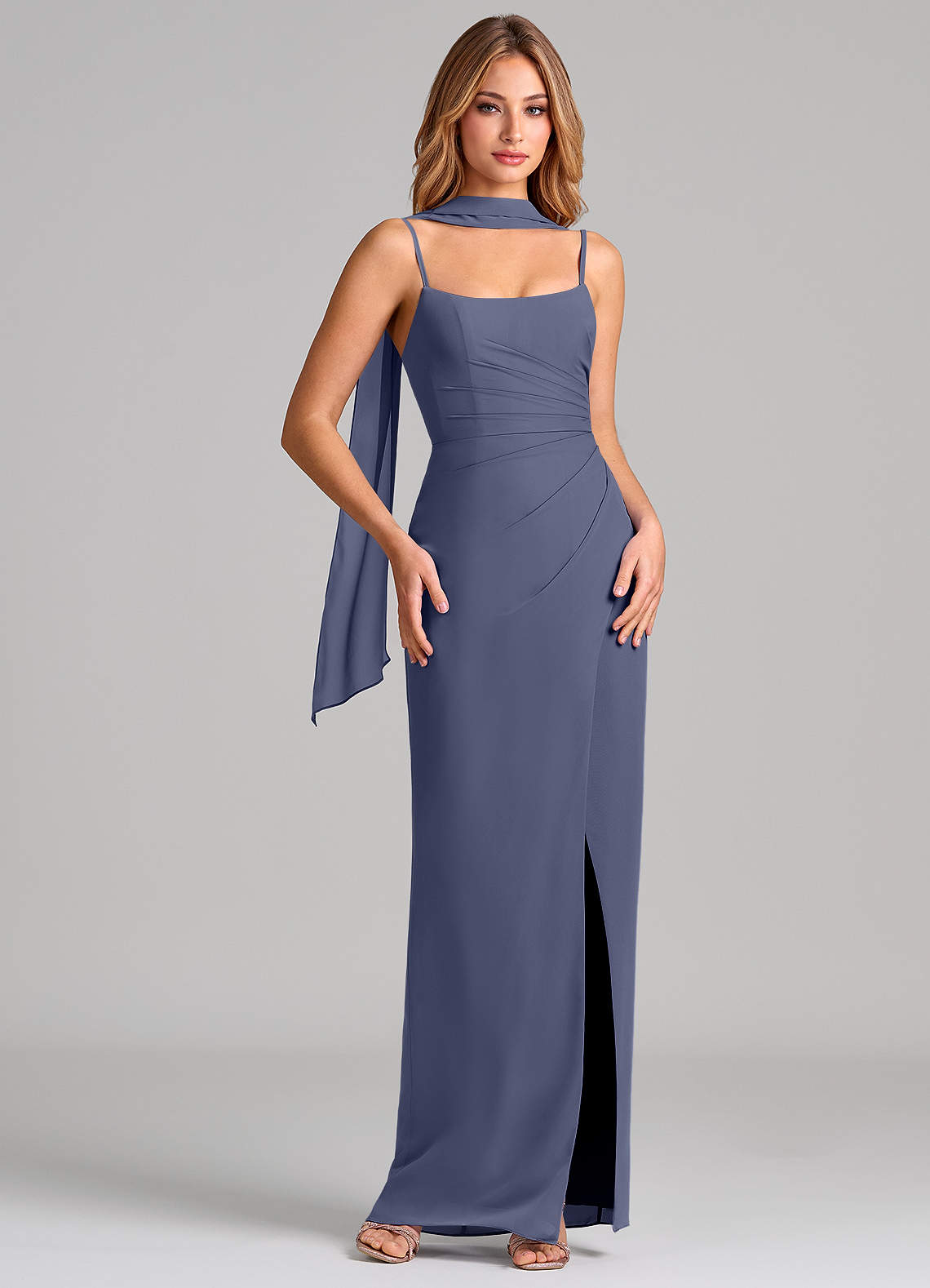 Calandra Sheath Scoop-Neck Chiffon Bridesmaid Dress in Stormy