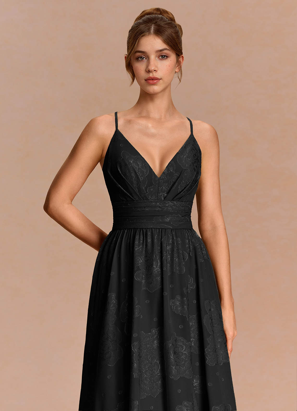 Anaëlle A-Line V-Neck Chiffon Burnout Evening Dress in black