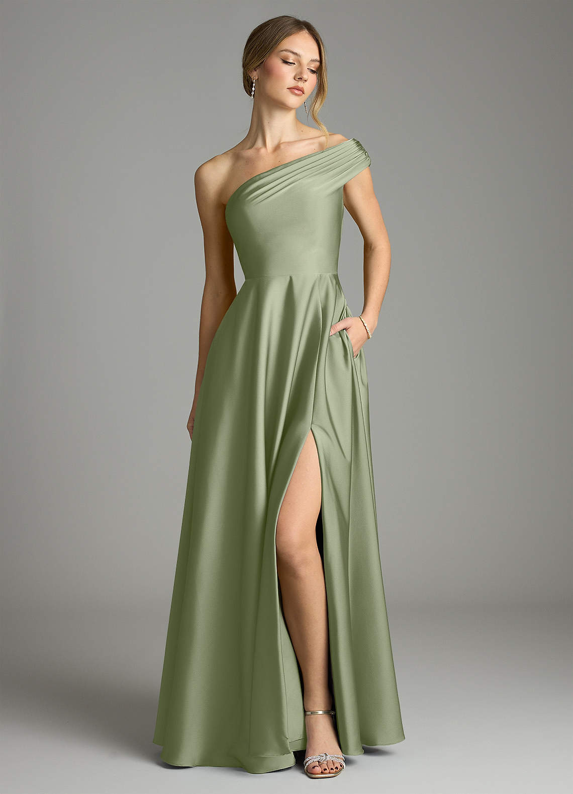Melanie A-Line One-Shoulder Stretch Satin Bridesmaid Dress in Pistachio