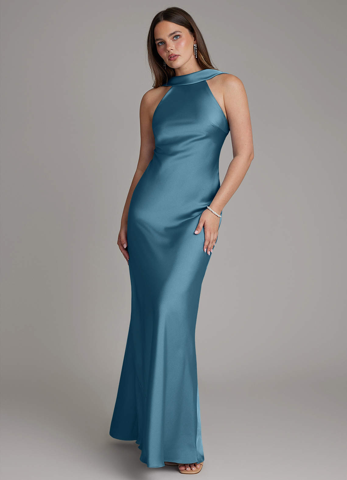 Dimitra Sheath Halter Stretch Satin Bridesmaid Dress in Bermuda