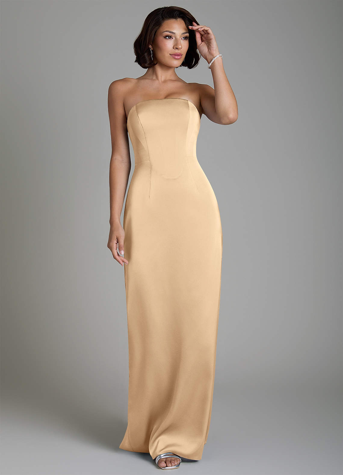 Fallyn Sheath Strapless Stretch Satin Bridesmaid Dress in Champagne