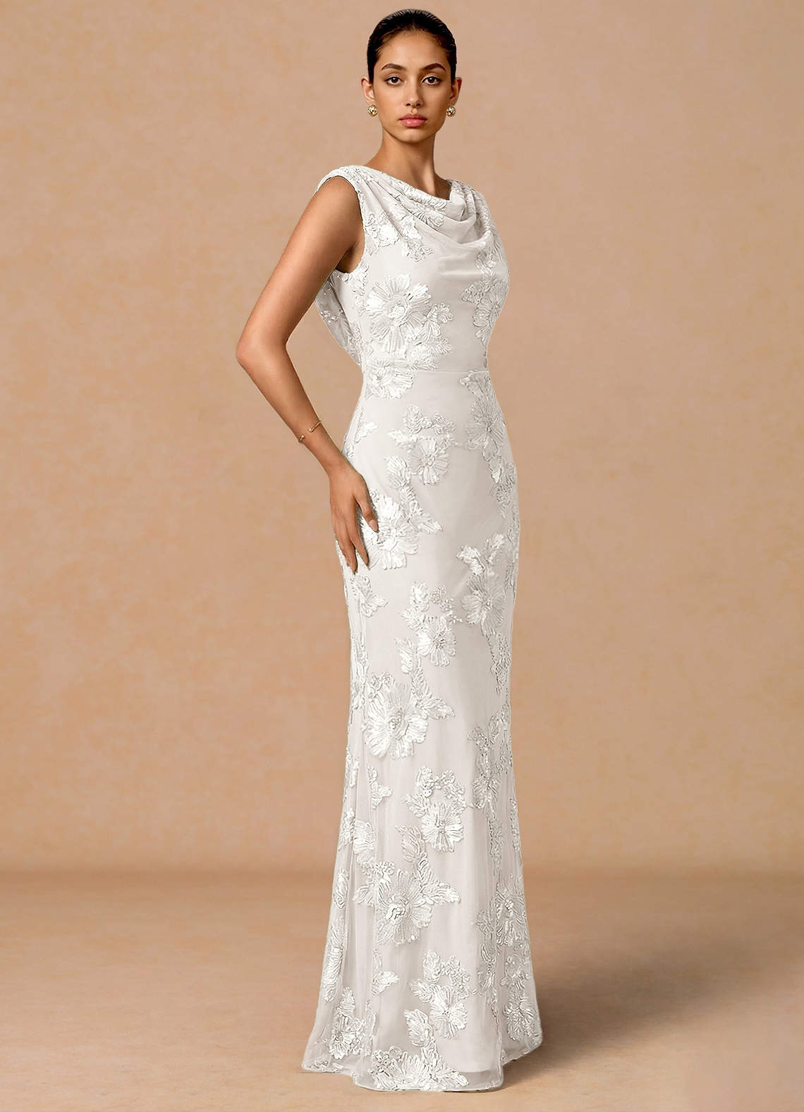 Elowis Column Open-Back Floral Mesh Evening Dress in Forest Green