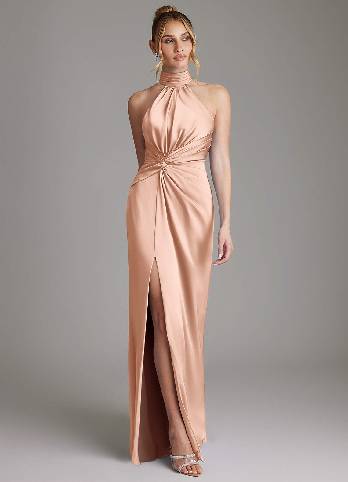 Gracelynn Sheath Halter Stretch Satin Bridesmaid Dress in rose gold