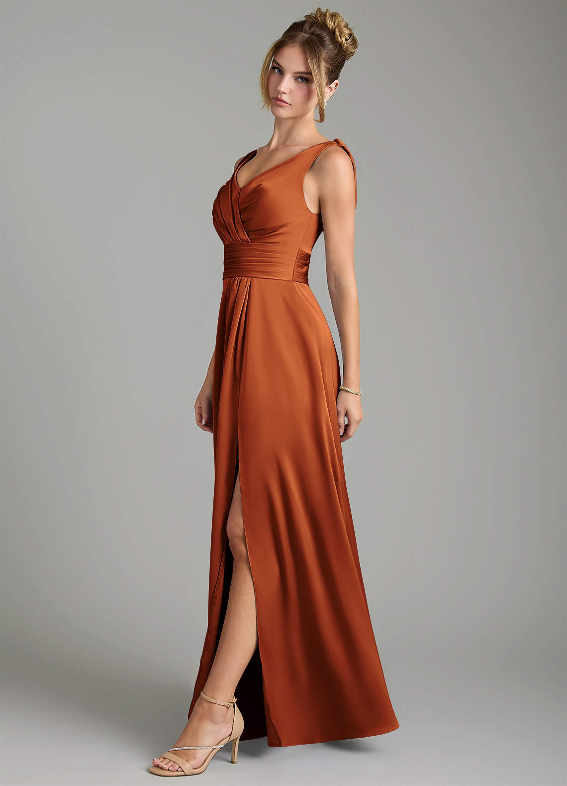 Karina A-Line V-Neck Stretch Satin Bridesmaid Dress in Cinnamon