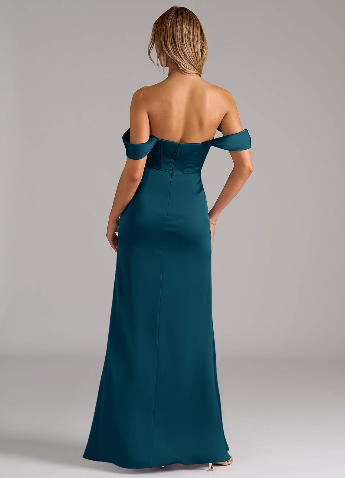 Johana Mermaid Off-the-Shoulder Stretch Satin Bridesmaid Dress in Ink Blue