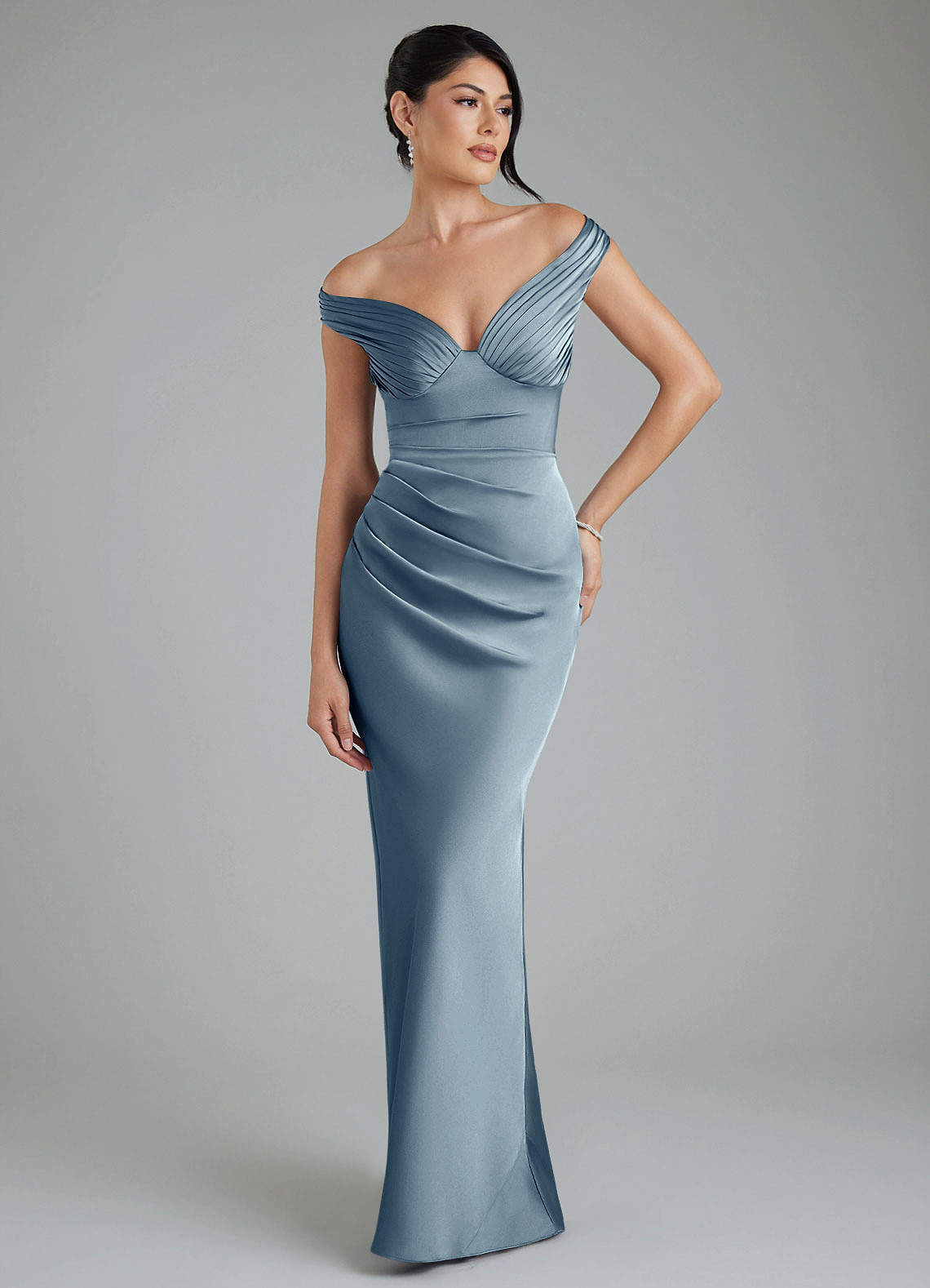 Stella Sheath V-Neck Stretch Satin Bridesmaid Dress in dusty blue