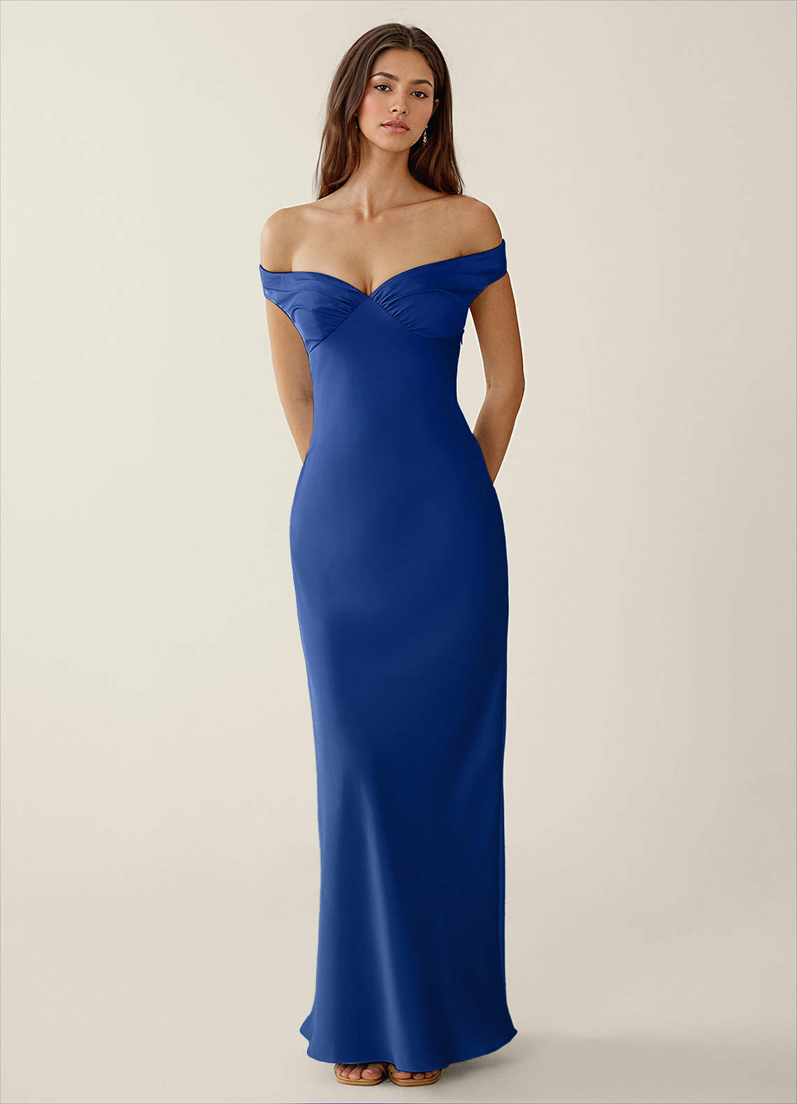 Gwendonme Sheath Off-the-Shoulder Satin Crystal Linen Evening Dress in Royal Blue