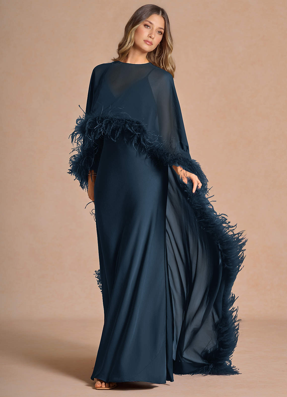 Samara Sheath Feather-Trim Satin Chiffon Wedding Guest Dress in Navy