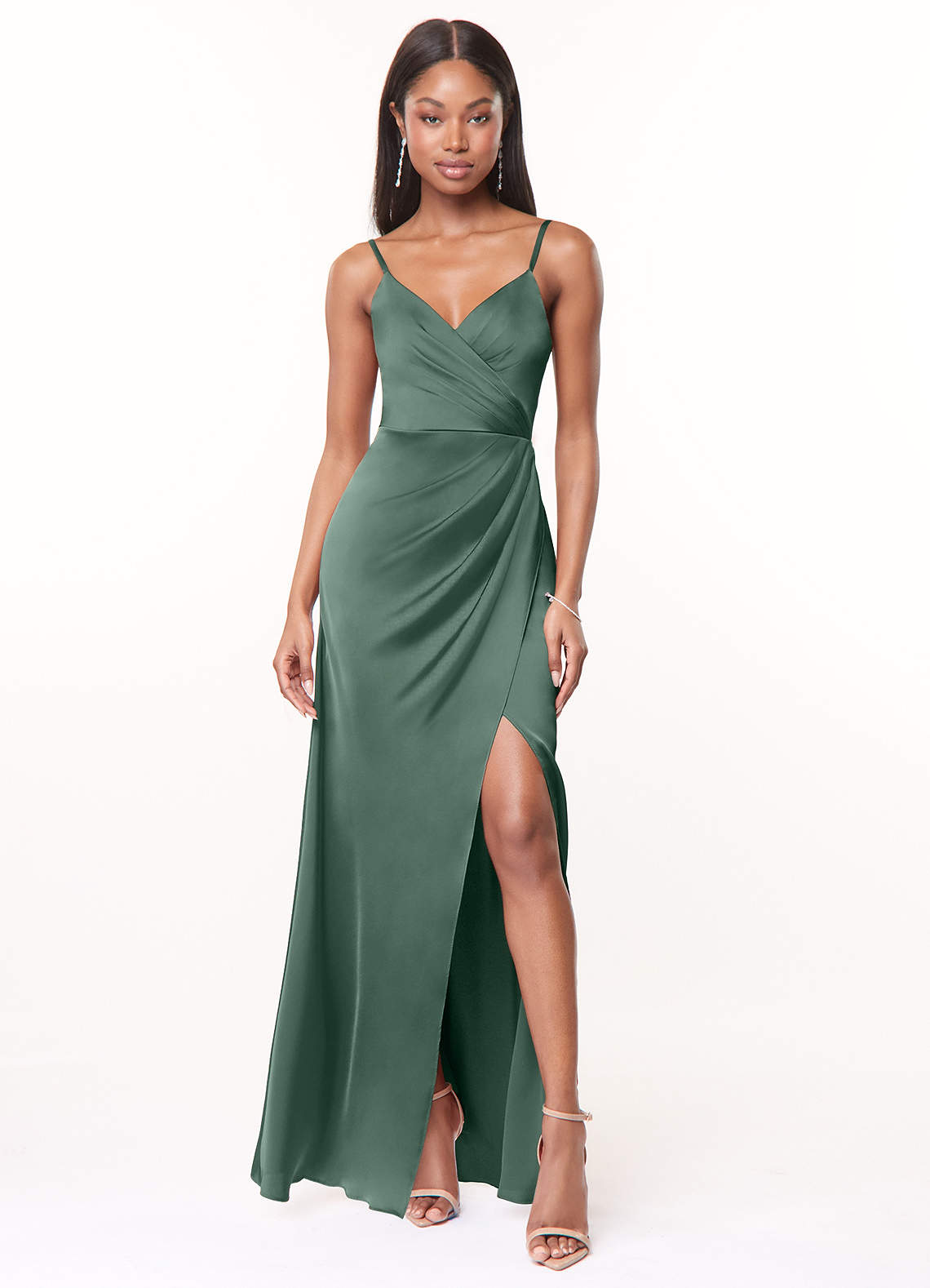 Maci A-Line V-Neck Stretch Satin Bridesmaid Dress in Eucalyptus