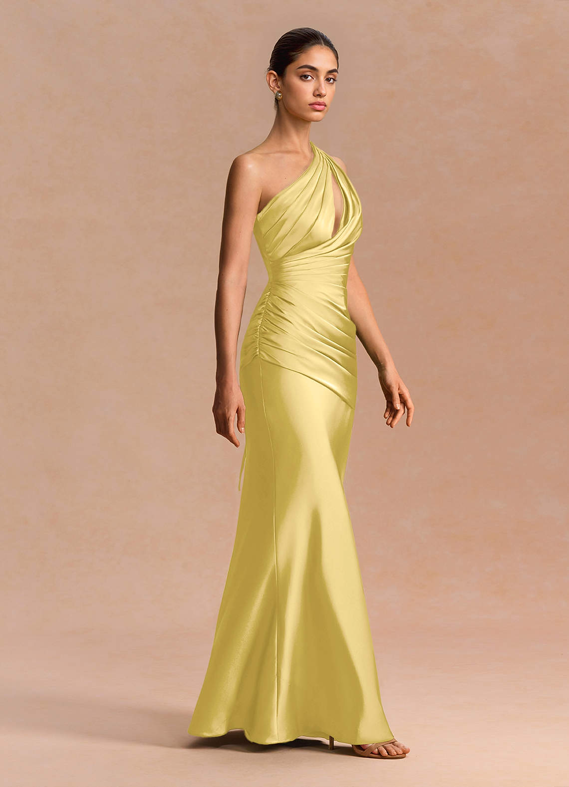 Guinevere One-Shoulder Cutout Stretch Satin Evening Dress in Pastel Yellow