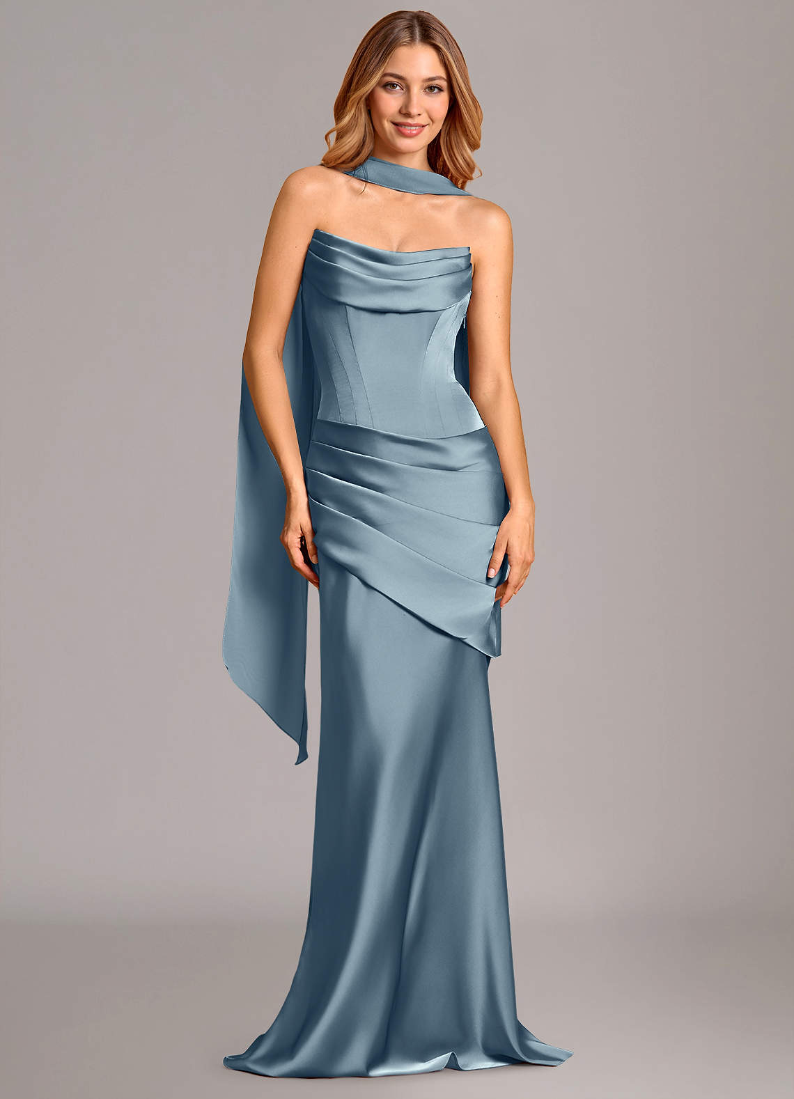 Pelagia Mermaid Cowl-Neck Stretch Satin Bridesmaid Dress in dusty blue