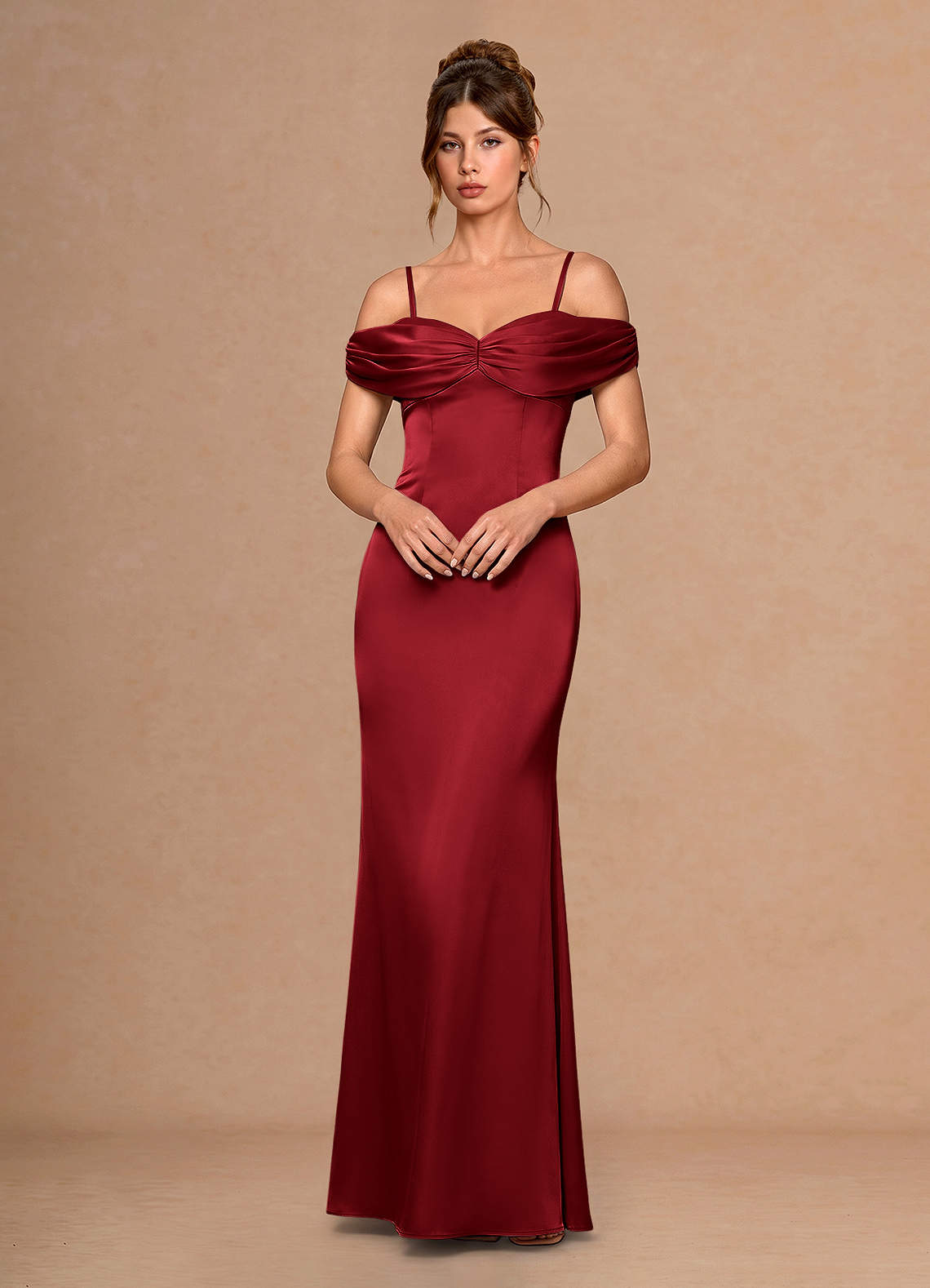 Estelle A-Line Cold-Shoulder Satin Chiffon Evening Dress in Cherry Red